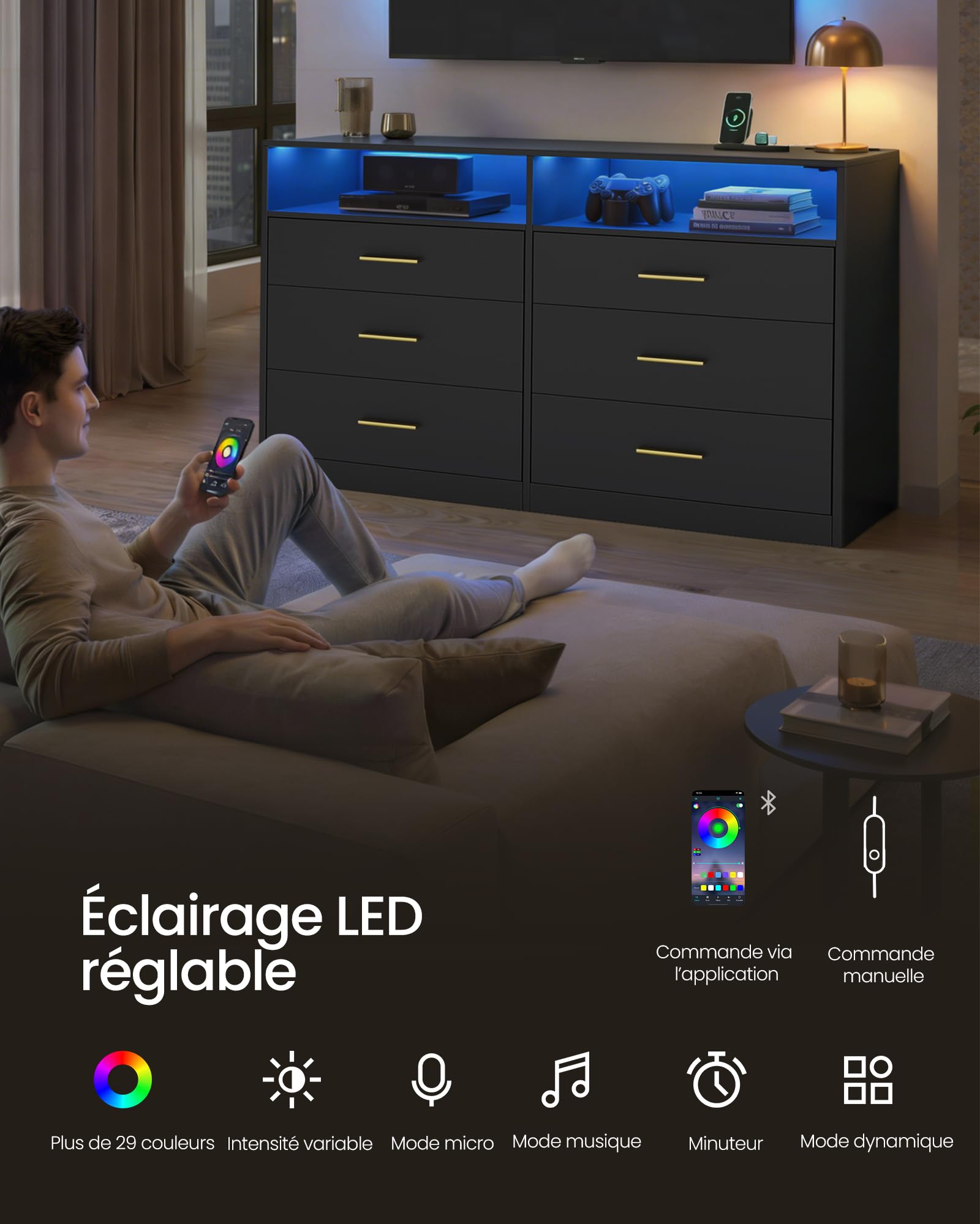 VASAGLE Custos Collection - Commode avec Éclairage LED et Multiprise Intégrée, Armoire de Rangement Moderne, pour Salon, Chambre, 6 Tiroirs, 40 x 119 x 81,2 cm, Noir d'encre LTS316BC01