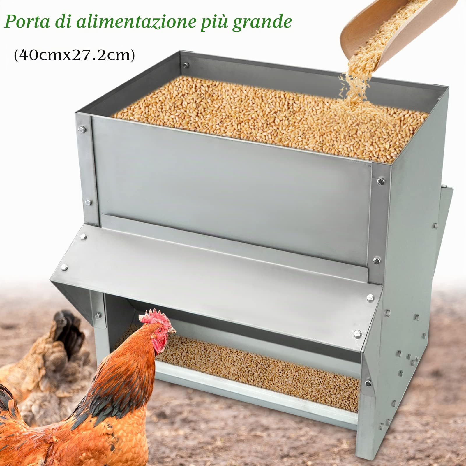 Mangiatoia Galline 25KG Automatica Da Esterno, Mangiatoia Per Polli Antispreco/Antipioggia In Acciaio Inossidabile, 40.5x29x41cm