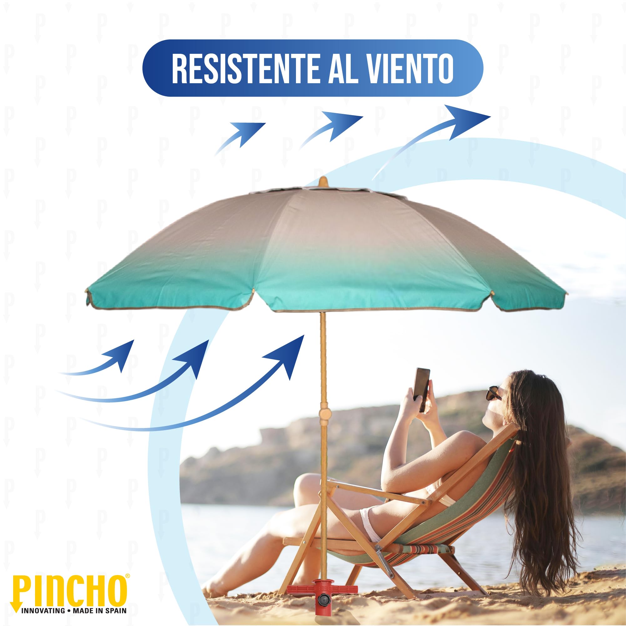 Pincho Sombrilla Playa Grande Familiar 200 cm, Sombrilla Playa Anti Viento UV50 Inclinable con Ventana, Soporte Anclaje y Bolsa Transporte, Tubo Aluminio Oxford, 8 Varillas Flexibles Fibra Vidrio