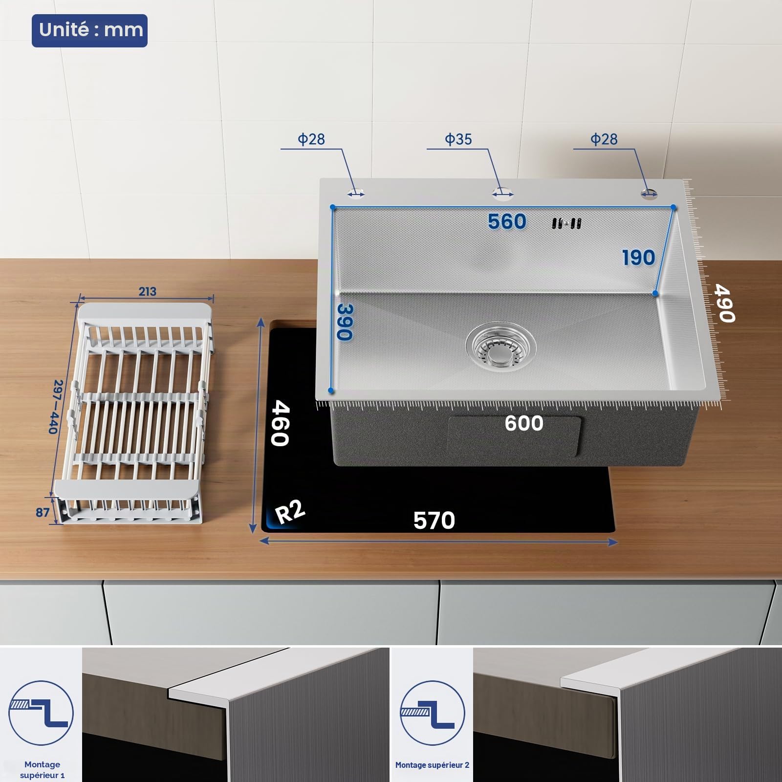 CECIPA Evier Cuisine 1 Bac 60x49CM, Lavabo Cuisine Inox Trous Pour Robinets Et Distributeur De Savon Et Panier TéLescopique, Convient Aux Armoires De Plus De 60CM