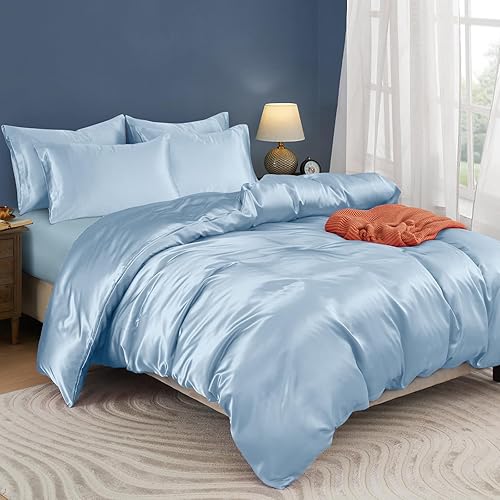 Horbaunal Juego de funda de edredón de satén de 5 piezas, tamaño QueenMatrimonial, funda de edredón azul bebé con lazos en las esquinas y cierre de