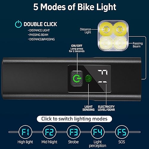Miniatura 4 de Luz de bicicleta recargable por USB de 1800 lúmenes, batería de 4000 mAh con función de banco de energía, 5 modos de luz, luces de bicicleta