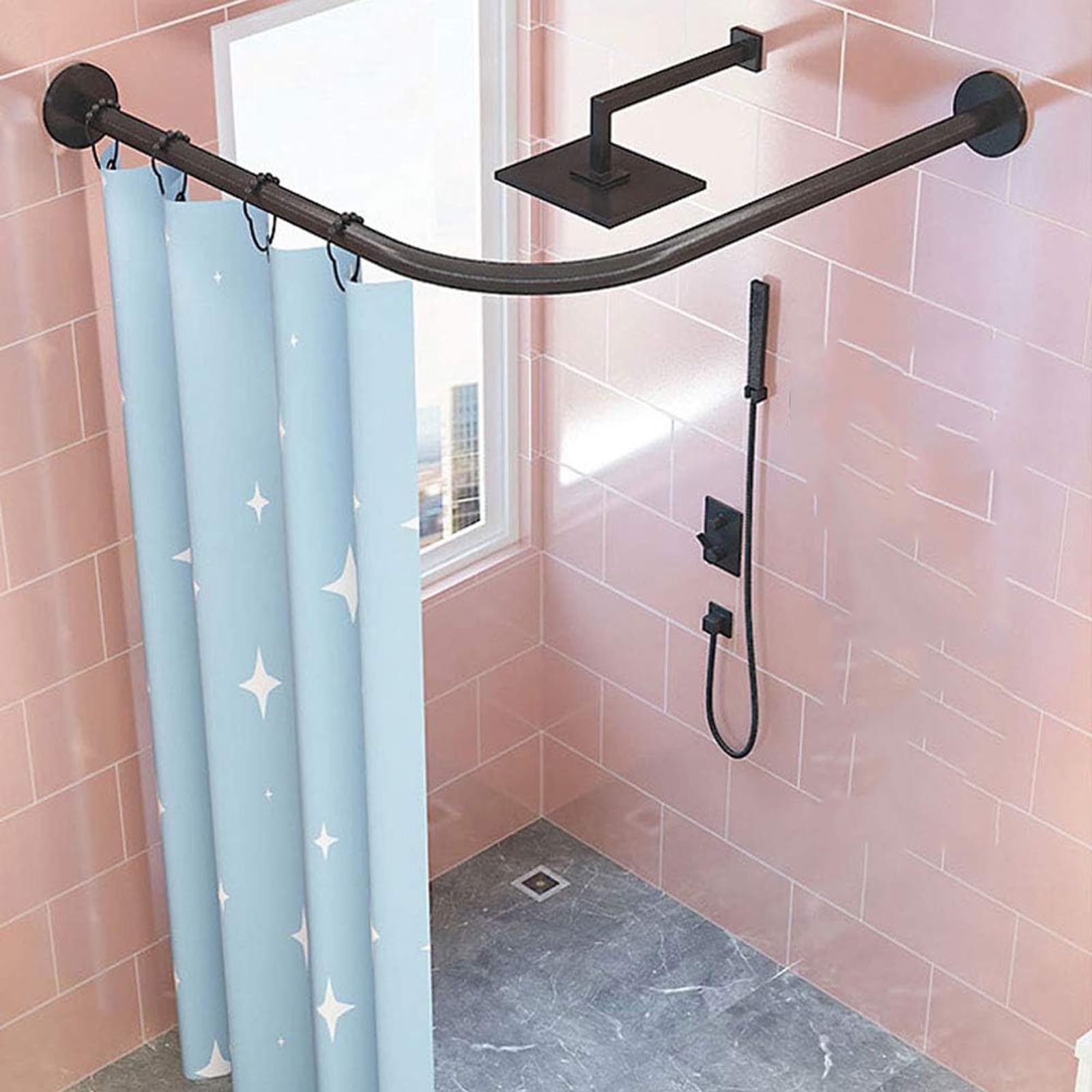 APHTOCF Barre de Douche d'Angle en Acier Inoxydable, Finition Chrome, Argent, pour Salle de Bain, Douche, Baignoire, Vestiaire (Size:B 140-220+70-110cm