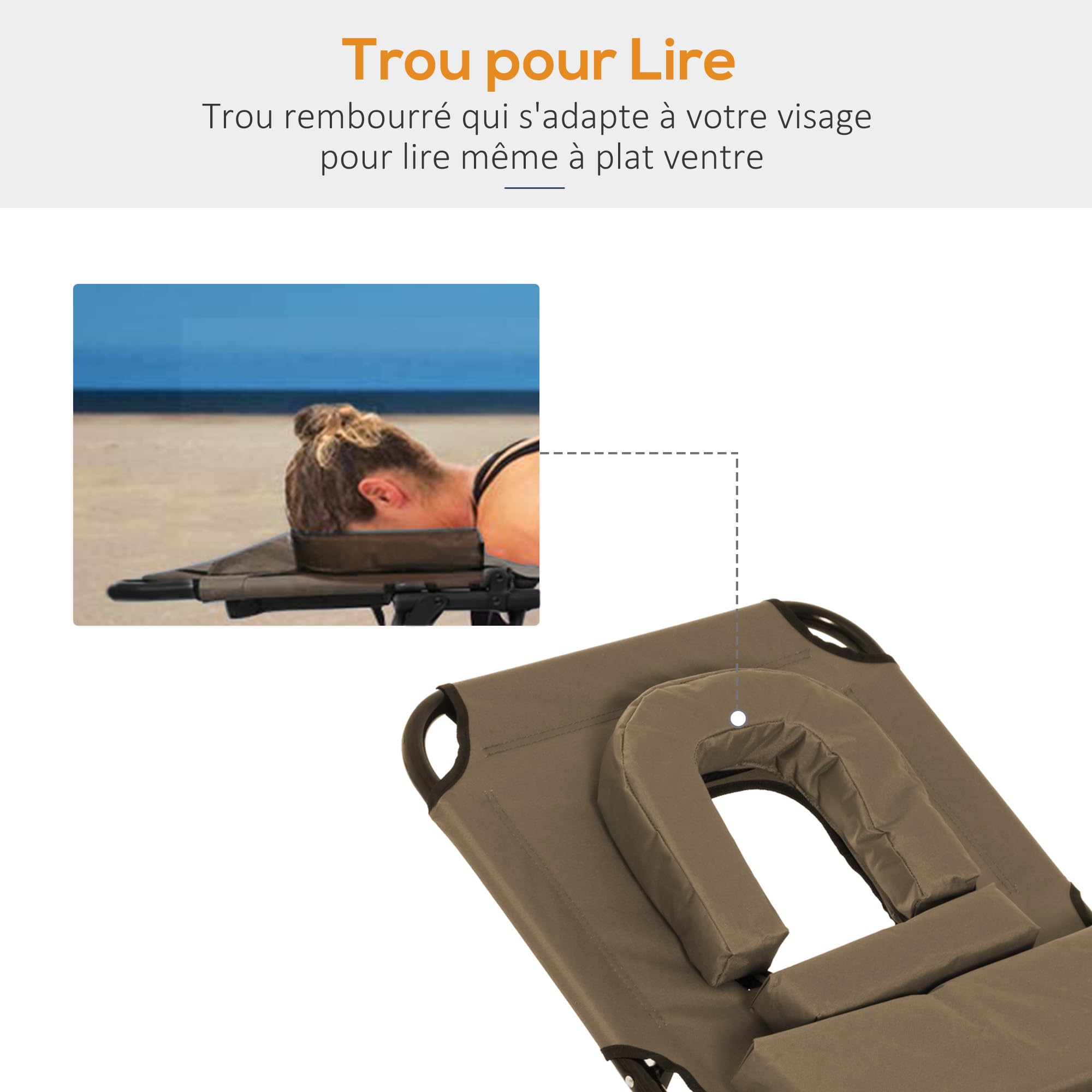 Outsunny Bain de Soleil Chaise Longue Pliante 190x56x28cm Marron | Appuie-Tête, Trou de Lecture, Transat Inclinable 4 Positions, Oxford 600D, Jardin Extérieur, Camping, Piscine, Terrasse
