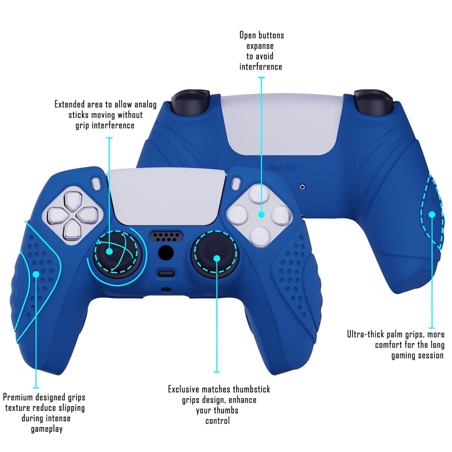 eXtremeRate PlayVital Guardian Edition Blue Ergonomic Soft Anti-Slip Controller Silicone Case Cover for ps5, Rubber Protector Skins with Black Joystick Caps for ps5 Controller - Image 4