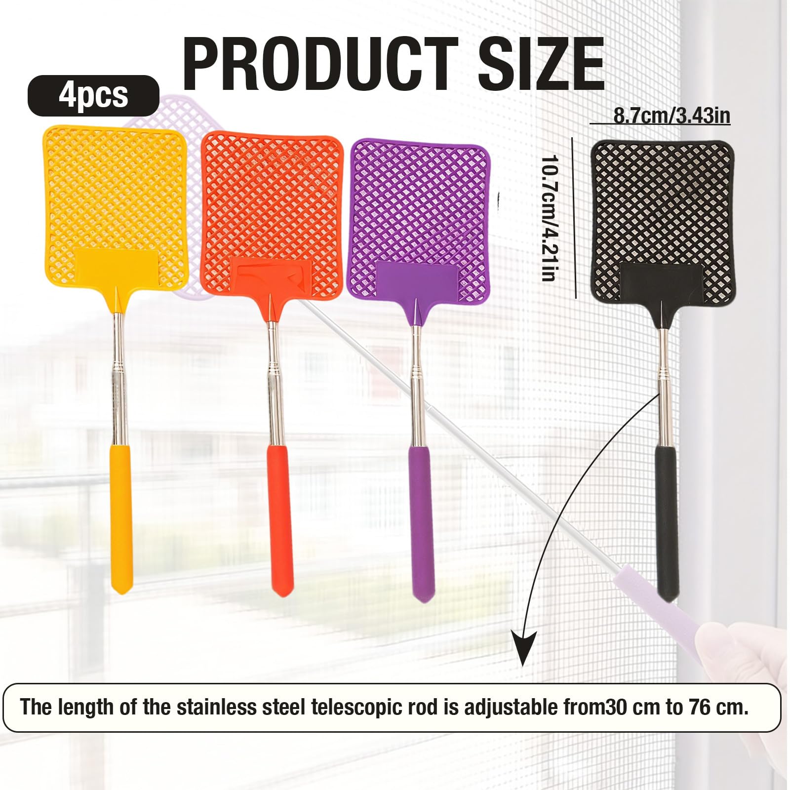 Scacciamosche telescopico Estensibile 4 Pezzi swatter zanzare Insetti a Mano 27.5-76 cm Colori Assortiti Uso Interno Esterno casa Ufficio Viaggio