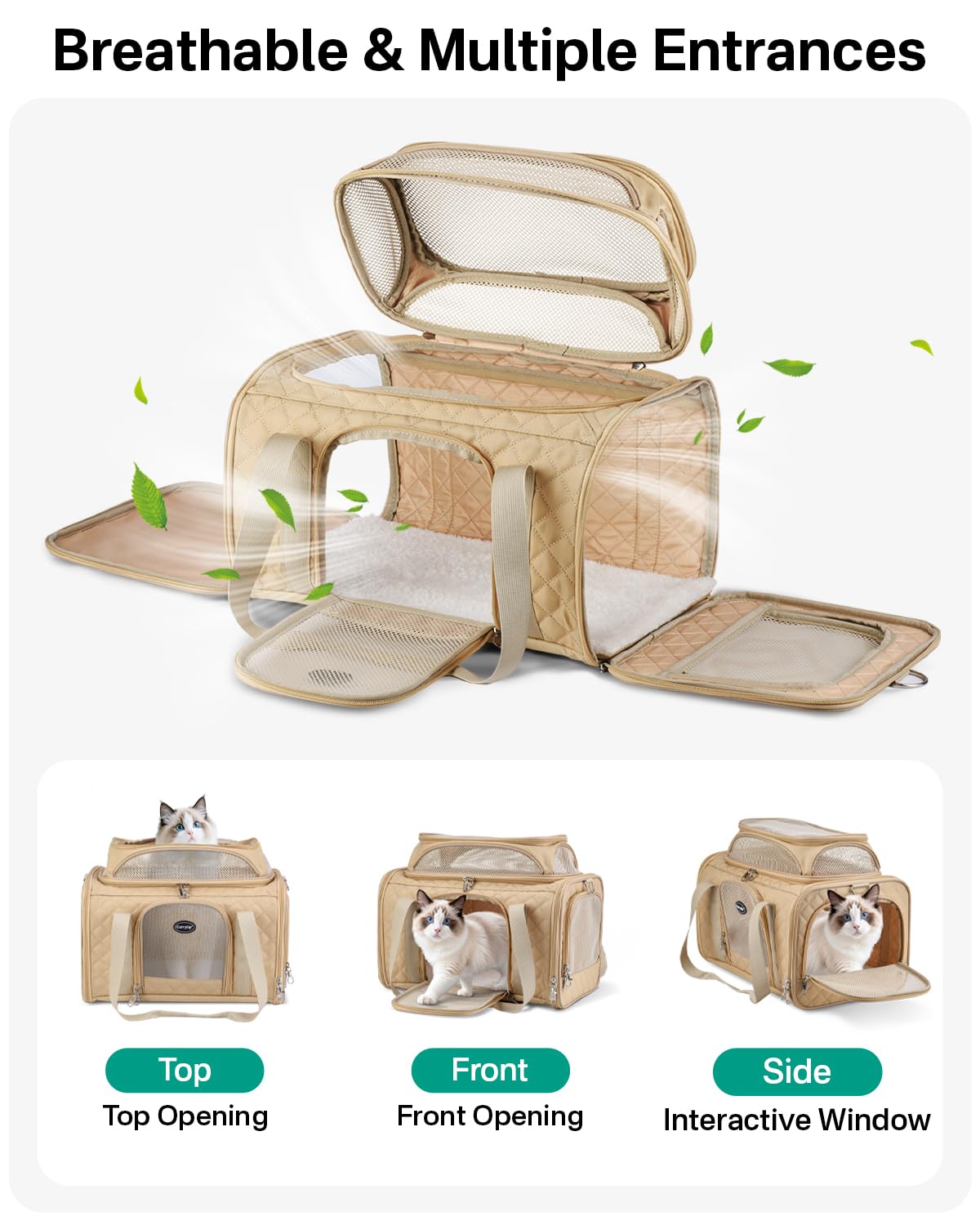 CarryTip Cat Carrier Airline Approved 17x11x9.5 Inches, Top Expandable Soft Sided Pet Travel Carrier for Cats & Small Dogs, Fits Under Airline Seat with Locking Zippers, Brown - image 5