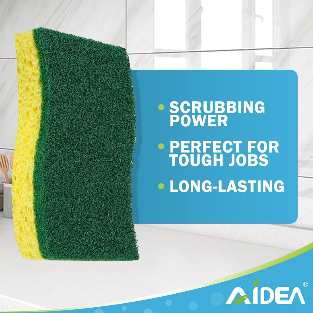 AIDEA Sponges Kitchen, 9Count, Dish Sponges, Heavy-Duty Sponge for Non-Coated Cookware, Scrubbing Power for Tough Messes, Cleaning Sponge for Kitchen, Bathroom, Household - Image 3