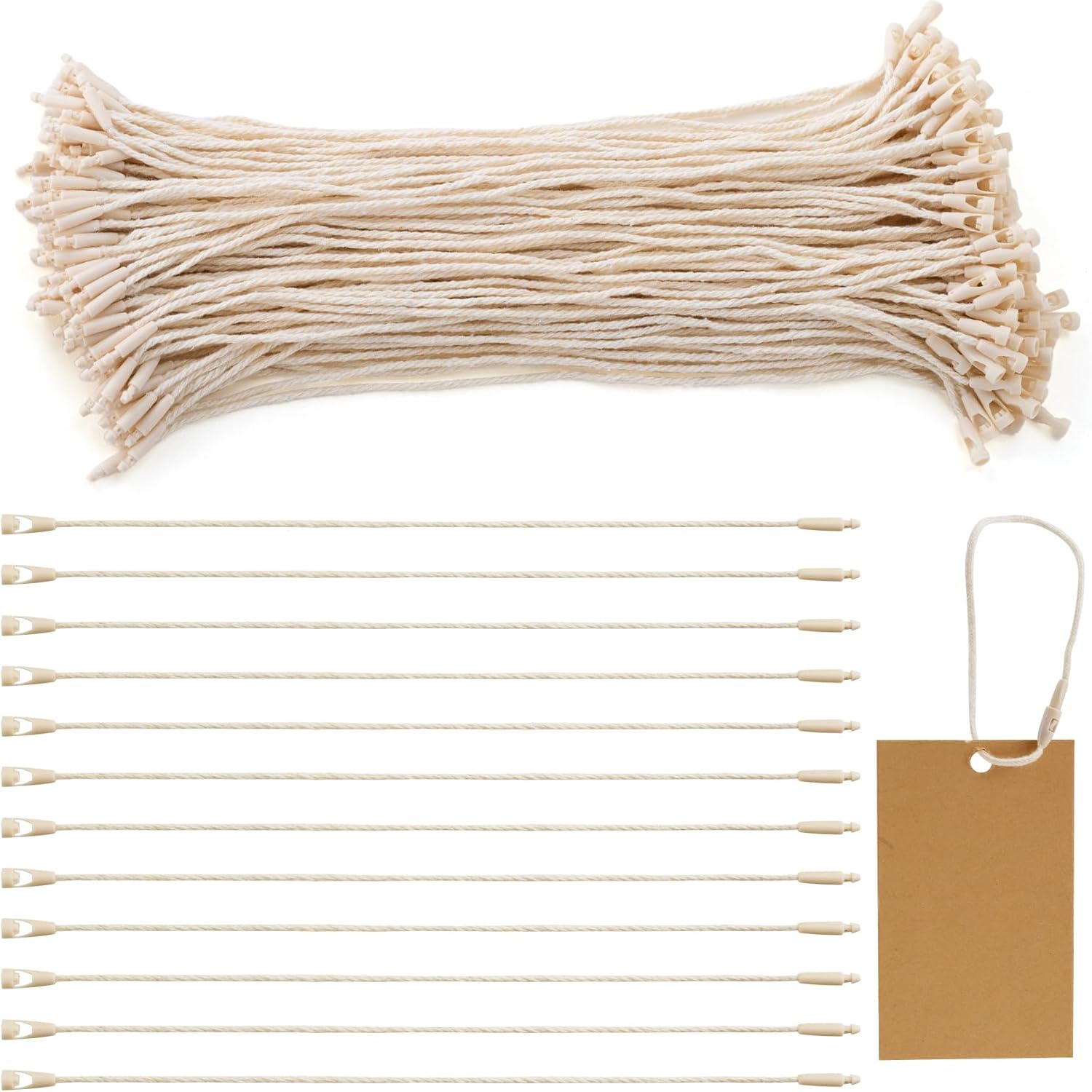200pcs 8.3in Cotton Hang Tag String, Hanging Rope with Plastic Lockers, Snap Lock Pin Loop Fastener Hook Ties for Clothes Shoes Price Tags- Beige