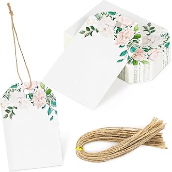 SallyFashion 40PCS Blank Gift Tags, 2 x 3 inch Flora Gift Tags with String for Baby Shower Birthday Wedding Bridal Shower DIY Party Favor Decor