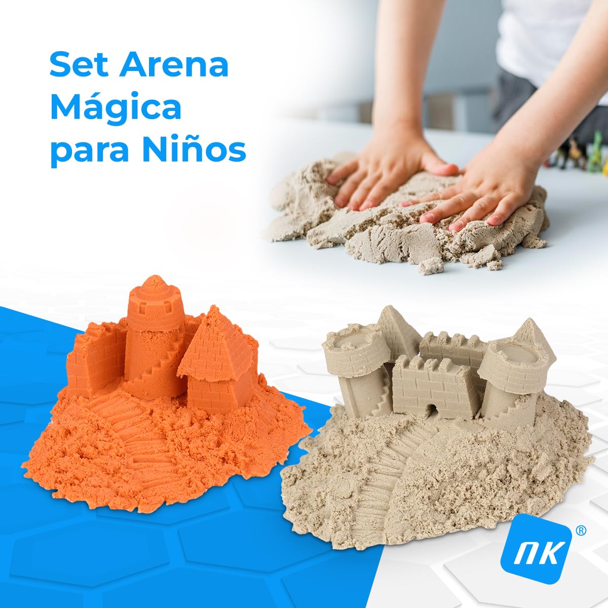 NK Set Arena Mágica para Niños 2 3 4 5 6 años - Juego de Construcción Infantil con 1.36kg de Arena Kinética de 2 colores y Arenero de 40x40cm, Juguete Regalo Original Navidad Cumpleaños (48 piezas)