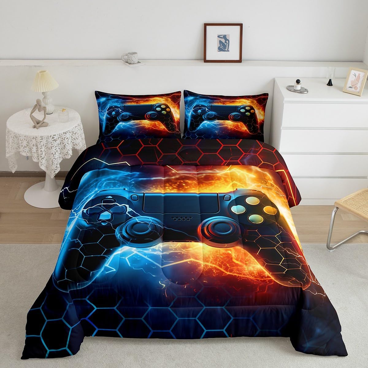 Feelyou Kids Boys Blue Red Gamer Comforter Set King Size, Honeycomb Gaming Comforter for Lightning Gamepad Bedding Set Game Room Decor Duvet Set 3Pcs Room Decor Quilt Set Bedding Collection