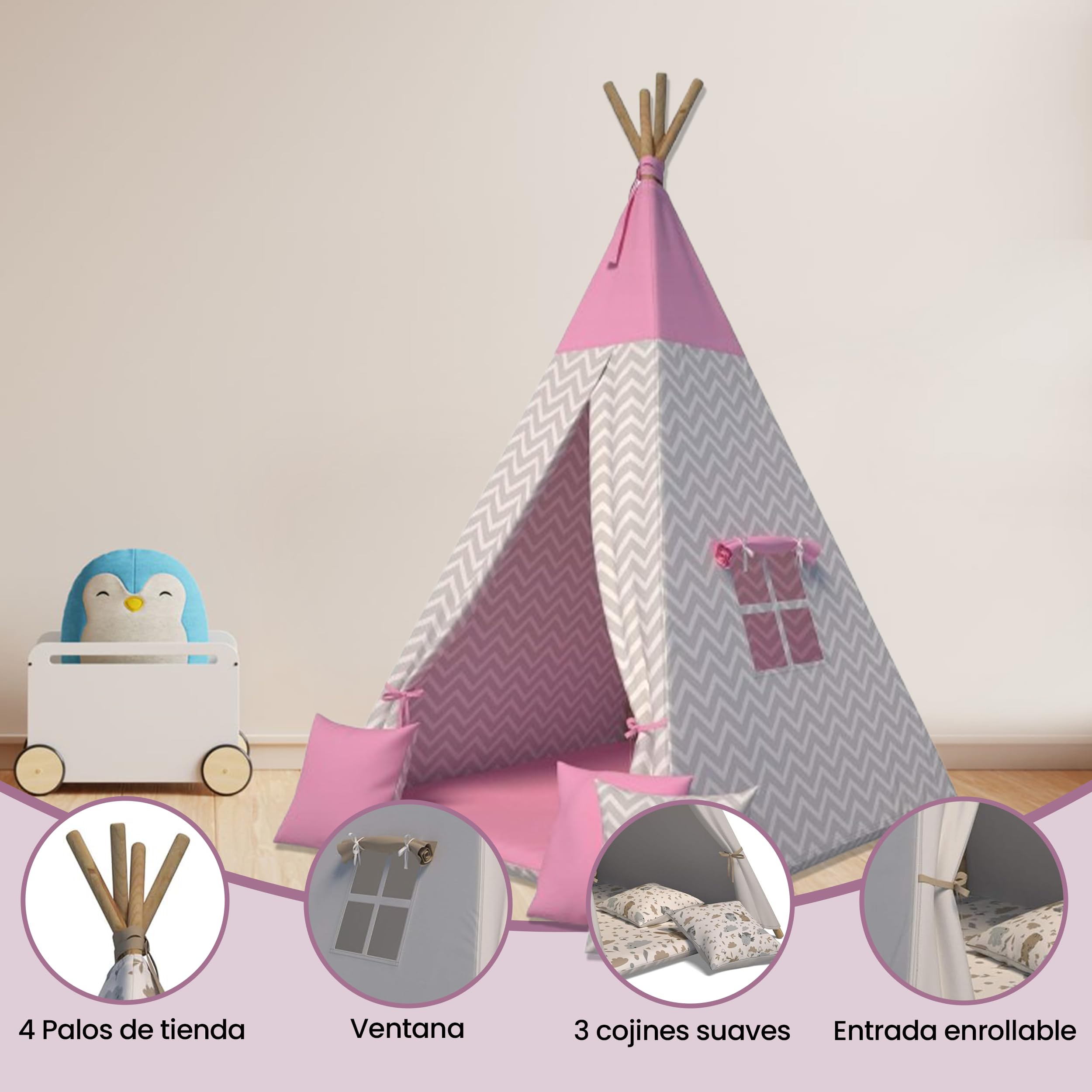 Tienda Tipi para Niños (Rosa) | Tienda de Campaña Infantil Interior | Carpa de Juegos con Cojines Suaves |Tipi Infantil Interior Seguro | Tienda de Juegos para niños Plegable