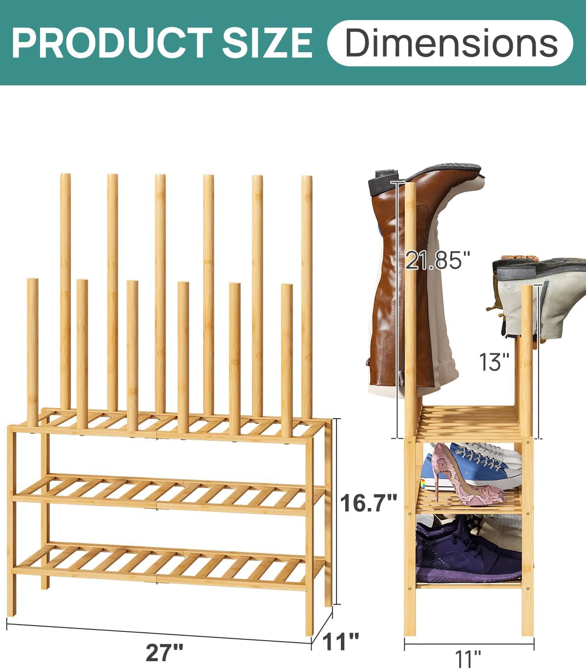 viewcare Boot Rack with Shoe Rack, Boot Rack Organizer Tall Boots for Closet, Bamboo Wood Shoe Shelf Storage Organizer for Entryway Small Space