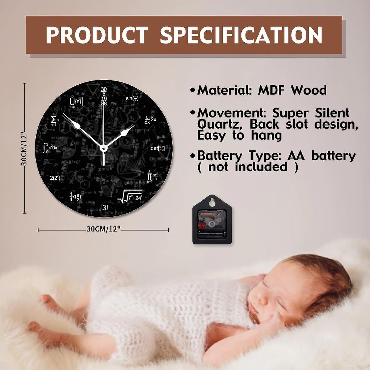 godblessignMath Wall Clock Calculus Math Teaching Style Wall Clocks Battery Operated 12 Inch Silent Non-Ticking Rutic Hanging Clock for Classroom Bedroom Study Room
