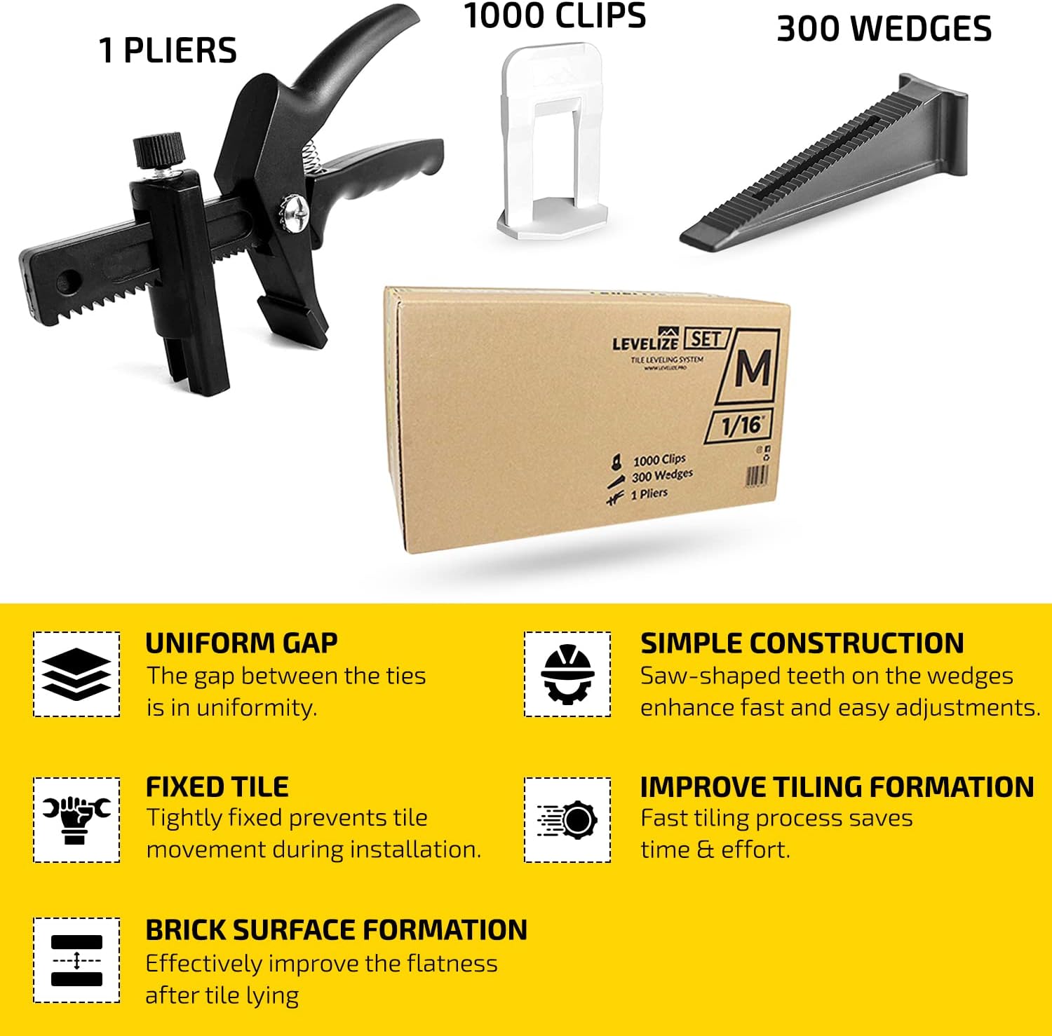 Levelize Lippage Tile Leveling System Set M. 1000 pcs - 1/16” Leveler Spacers (Clips), 300 pcs - Reusable Wedges and 1 Snapping Pliers - Floor & Wall Tiles Installation for Professionals & DIYs - - 