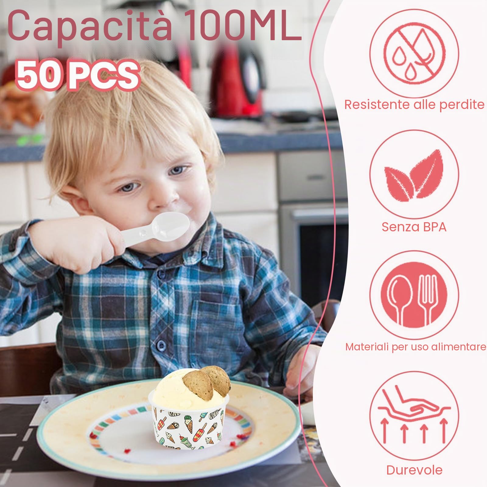 Kleemeiero 50 bicchieri da gelato in carta con 50 cucchiai da 125 ml, usa e getta, in cartone, per gelato, dessert, finger food, yogurt