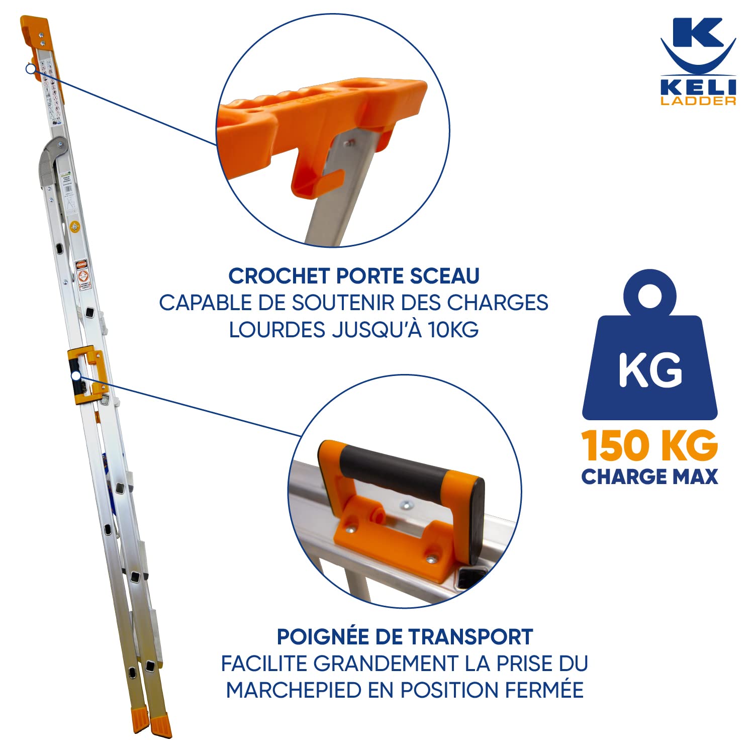 KELI - Échelle Pliable, Escabeau, Marchepied, Fabriqué en Aluminium, Qualité Professionnelle, Poignée de Transport Confort, Porte Outils ABS (6 Marches (Travail à 3,38m))