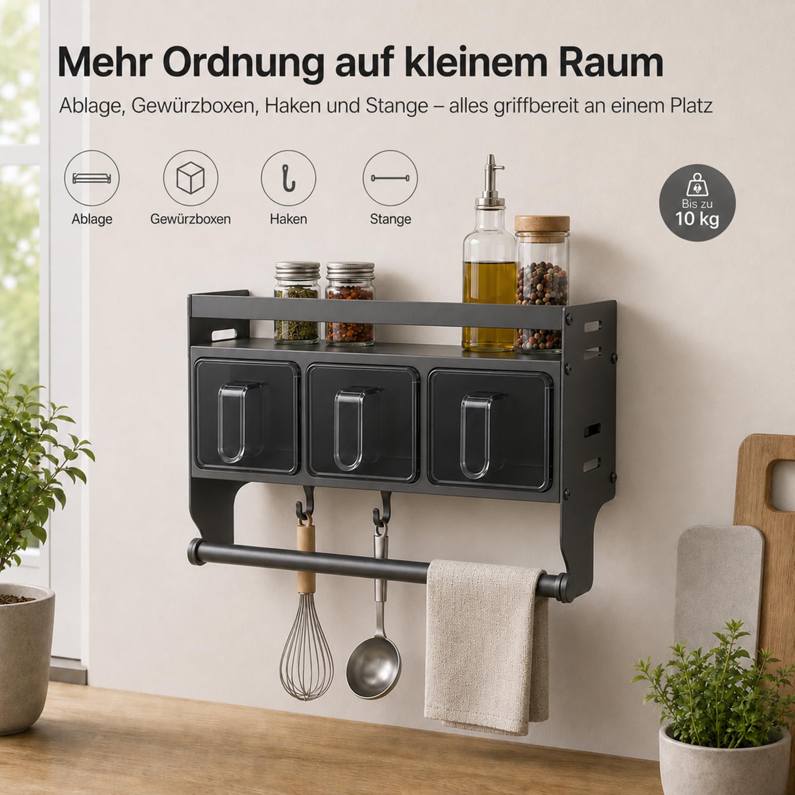 Küchenregal Wand, Gewürzregal Hängend, Gewürzregal Mit Küchenrollenhalter Gewürzständer Wand Aus Metall Gewürz Organizer Regal Für Küchen Arbeitsplatte Schrank (mit 3 Gewürzbox)