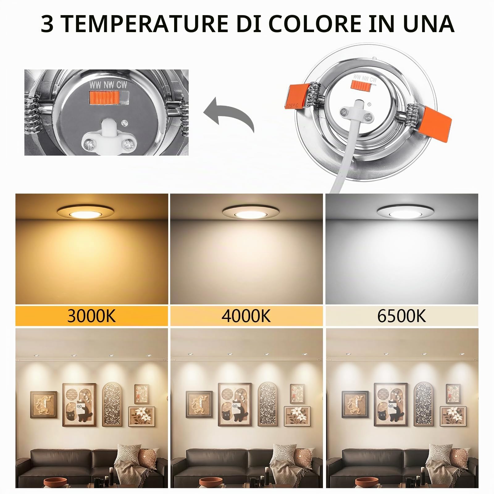 GeyouLux 3CCT Faretti LED da Incasso per Cartongesso Dimmerabile 4.9W 500LM 230V Faretti LED Soffitto IP44 Apertura 68-80mm Faretti Ruotabile a 45° Bagno Faretti da Incasso Set di 6 Nichelato
