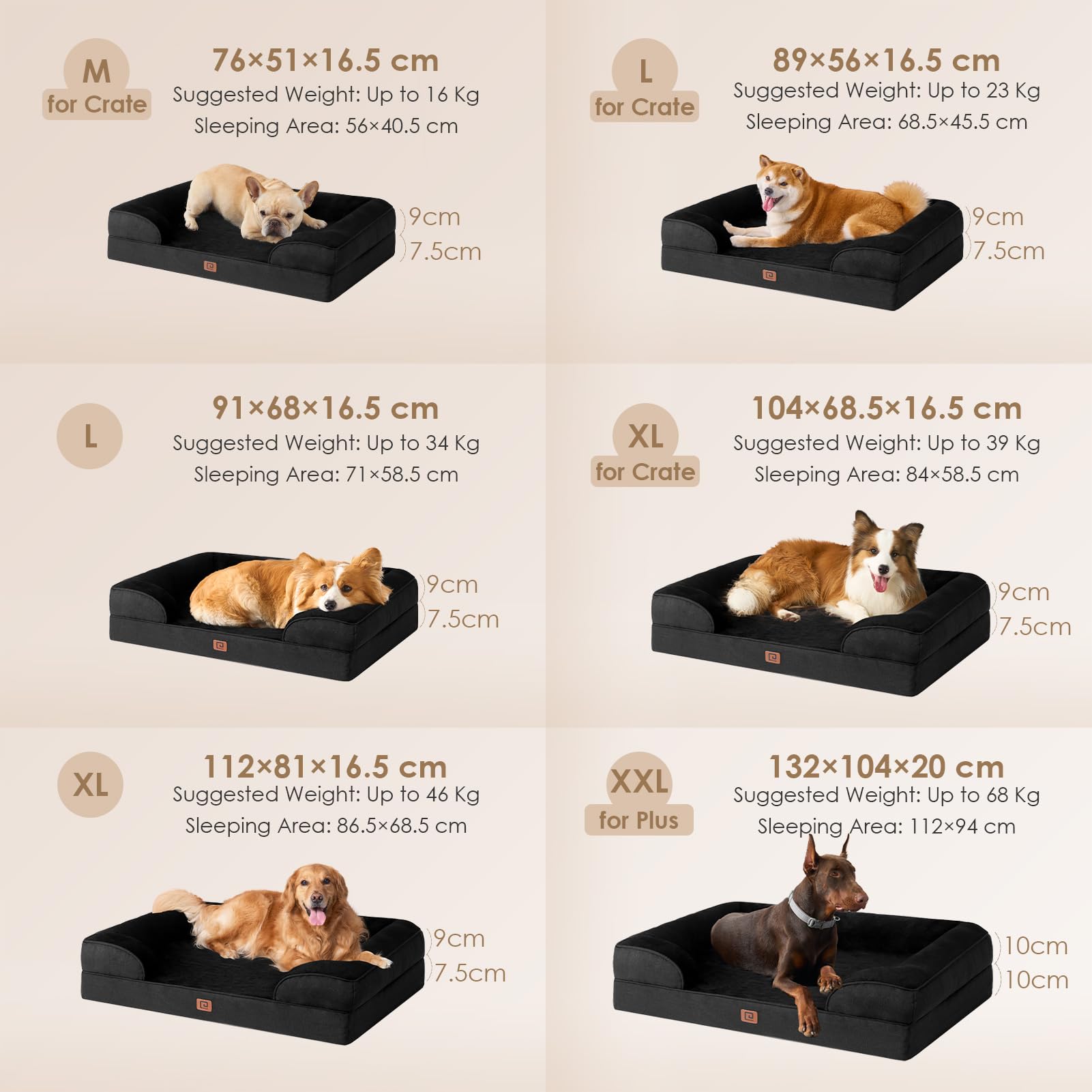 EHEYCIGA Cuccia Cane Interno Taglia Media, Cuscino Cane Impermeabile Sfoderabile e Lavabile, Letto per Cani con tre Lati Rialzati Ortopedico, Cuccia Divano per Cani, Nero, 76x51x16cm