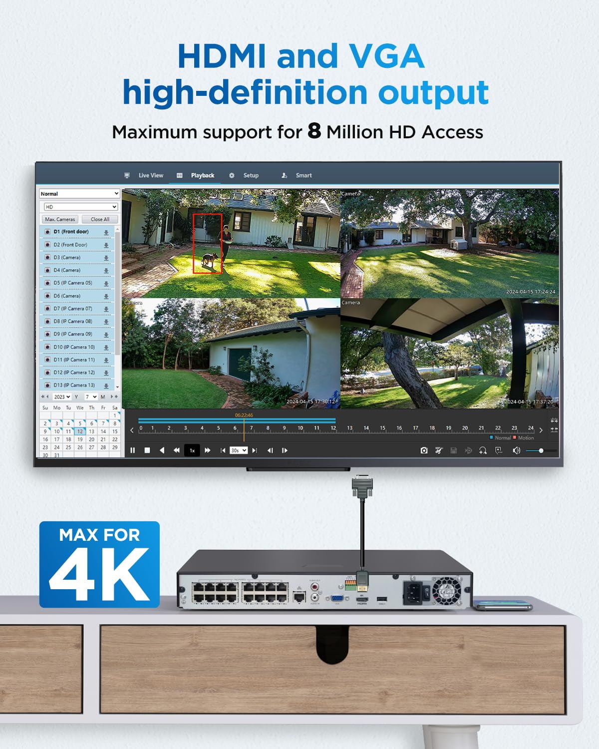 4COVR Registratore video di rete PoE H.265 a 16 canali, HD NVR funziona con telecamere IP 4MP/5MP/6MP/8MP, HDD da 4 TB preinstallato e due porte SATA fino a 16 TB, registrazione 24/7, ELY-NVR16P4TC