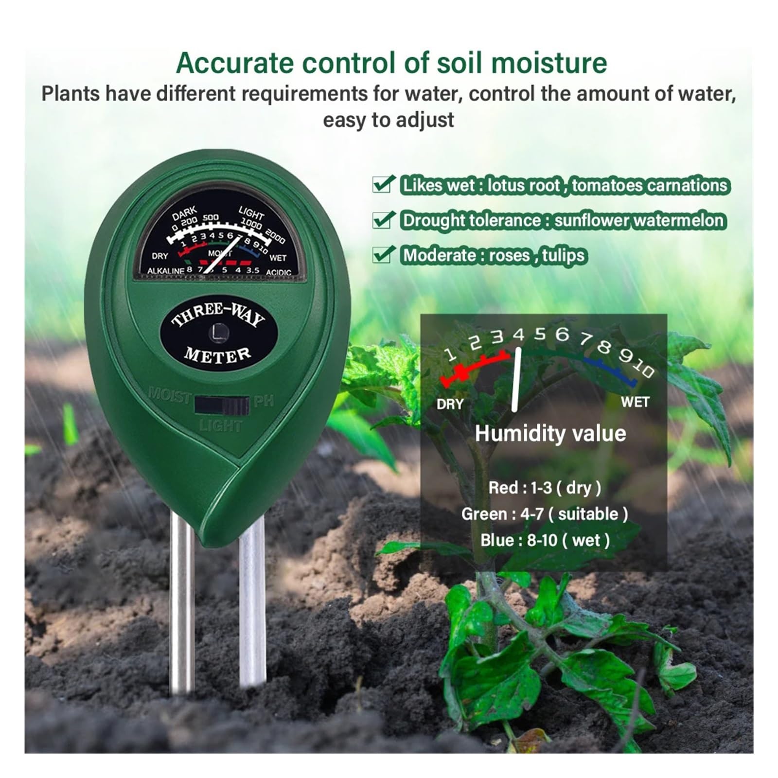 Medidor De Humedad Medidor De Ph Del Suelo Monitor De Humedad Solar Jardín Tierras De Cultivo Plantación Flor Acidez Probador Del Suelo(Green)