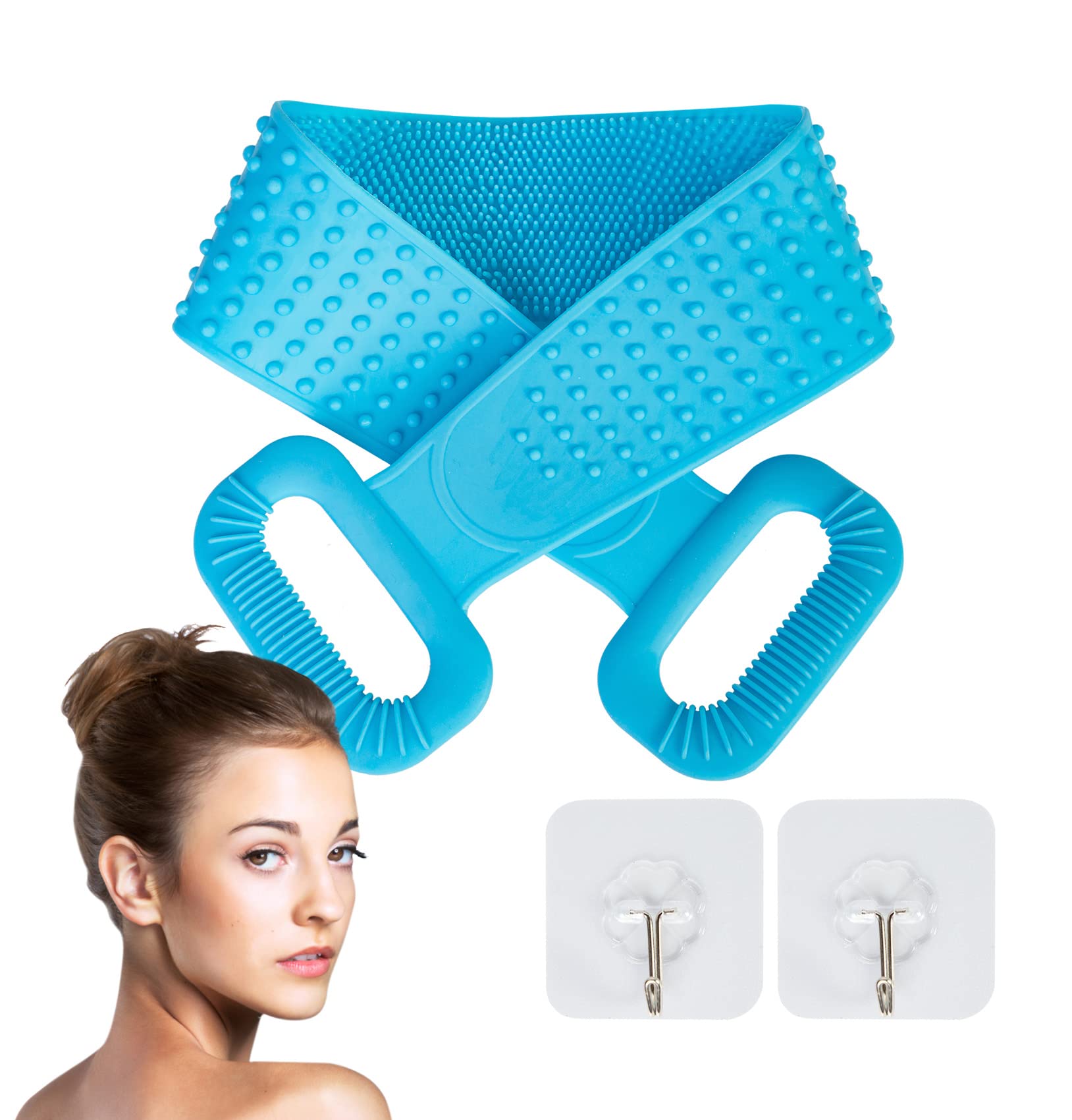AFSTEESilicone Back Scrubber for Shower, Silicone Bath Body Brush, Easy Clean for Skin Exfoliation Double-sided Long Blue Brush with 2 Hooks for Men Women