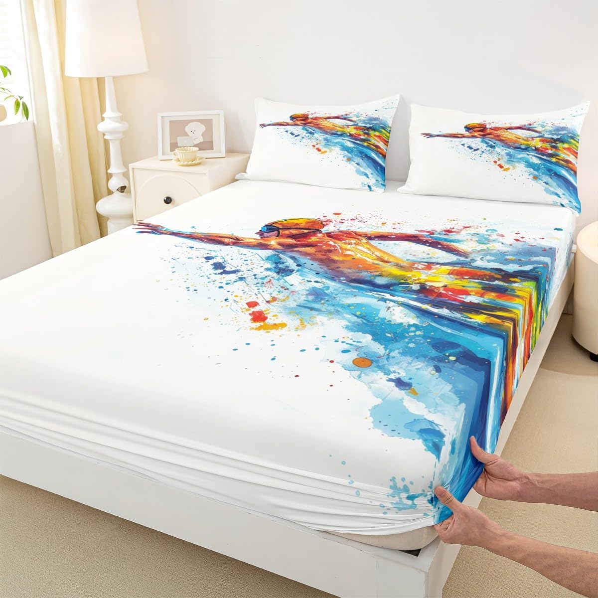 Erosebridal Swim Sports Fitted Sheet Summer Cool Swimming Full Size Bedding Set for Kids Boys Girls,Modern Fashion Relaxing Sport Swimmer Bed Sheets Colorful Tie Dye Swim Sheets
