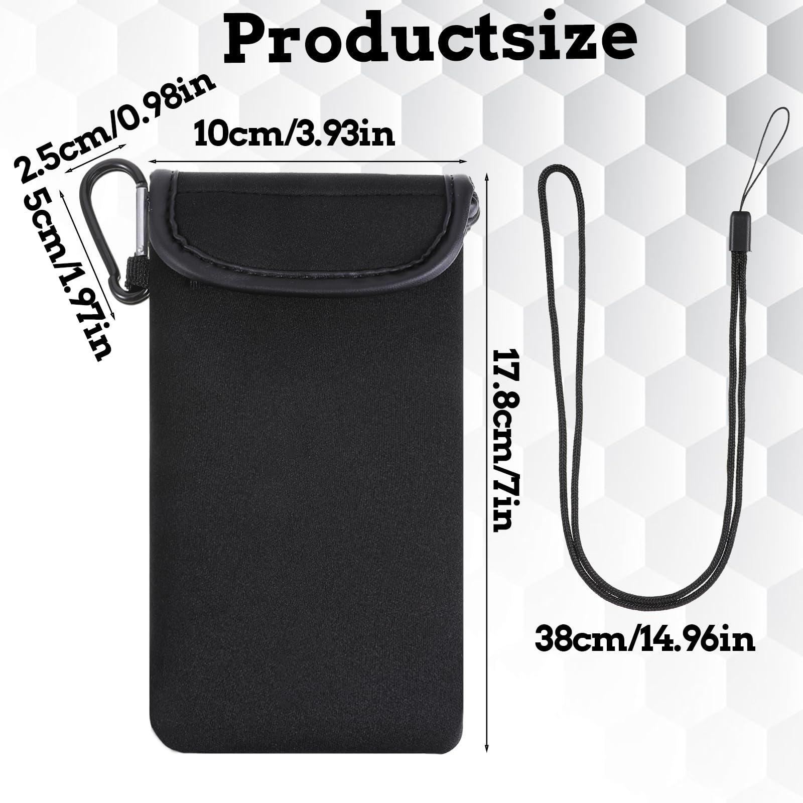 Neopren Handy Tasche mit Umhängeband und Karabiner Universelle Handytasche 7 Zoll Lang (Schwarz)