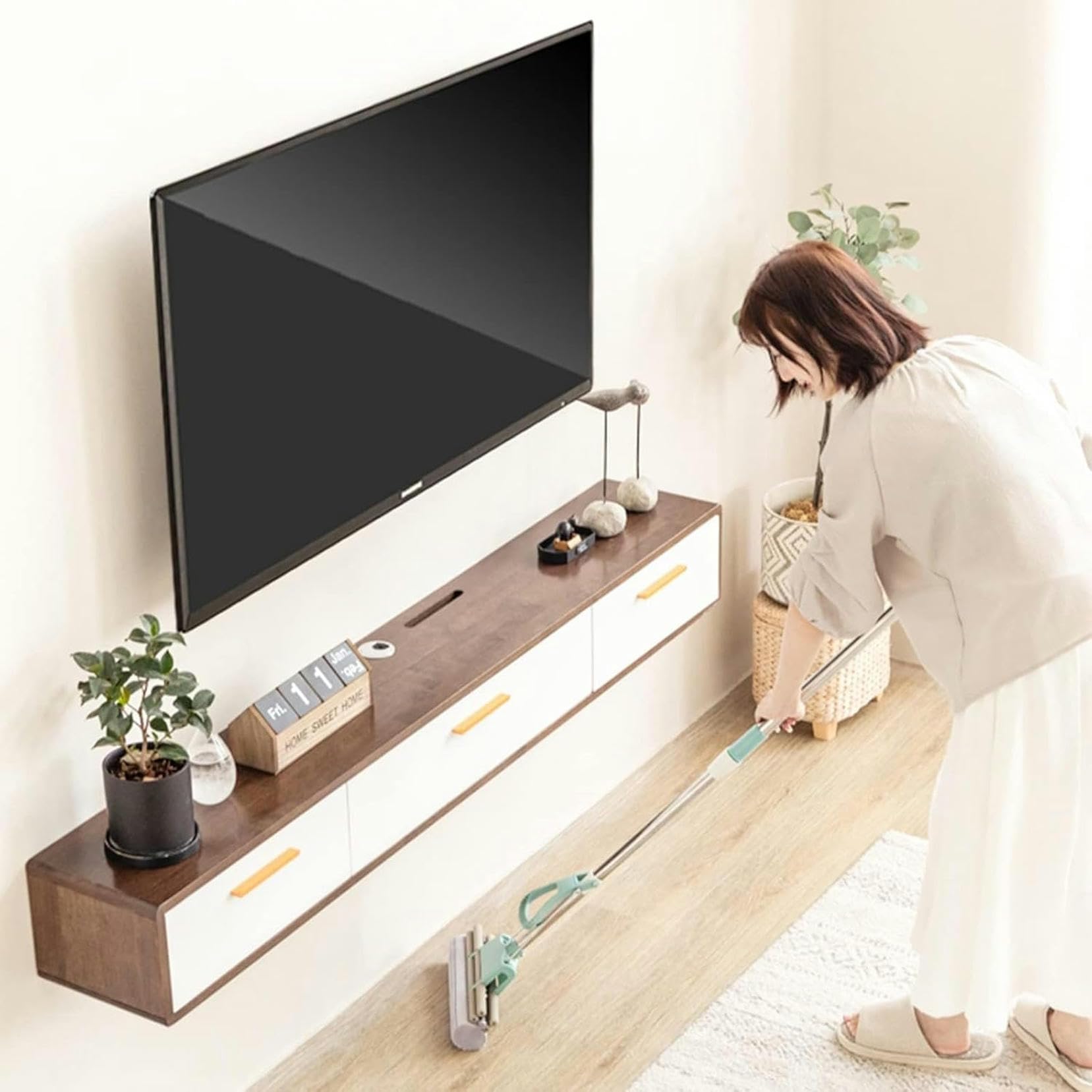 Meuble TV suspendu en bois massif avec étagère de rangement durable