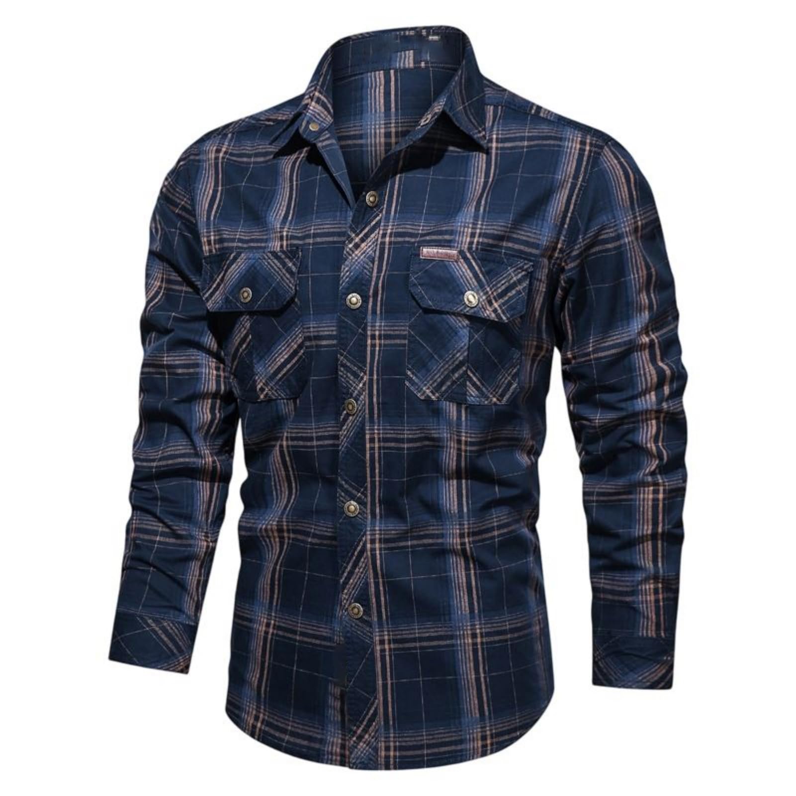 Camicia da lavoro da uomo in cotone scozzese a maniche lunghe con colletto alla coreana per l'uso quotidiano