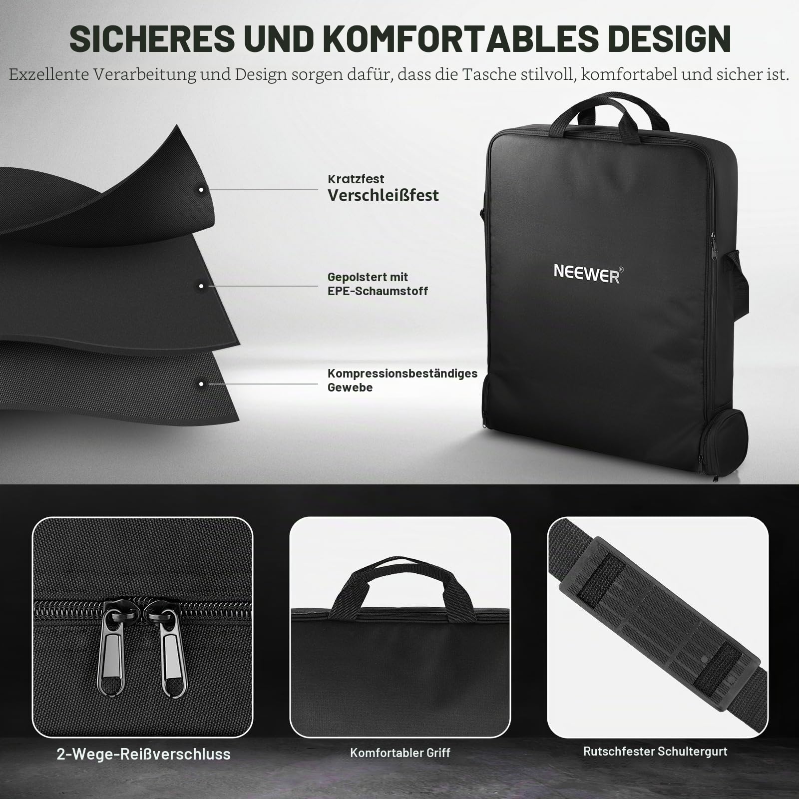 NEEWER 18" Ringlicht Tragetasche mit separater Aufbewahrungstasche, erweiterbar für 78cm gefaltetes Lichtstativstativ, 60cm x 58cm, leichte Nylon Schutztasche für Ringlicht mit Ständer, RU-009