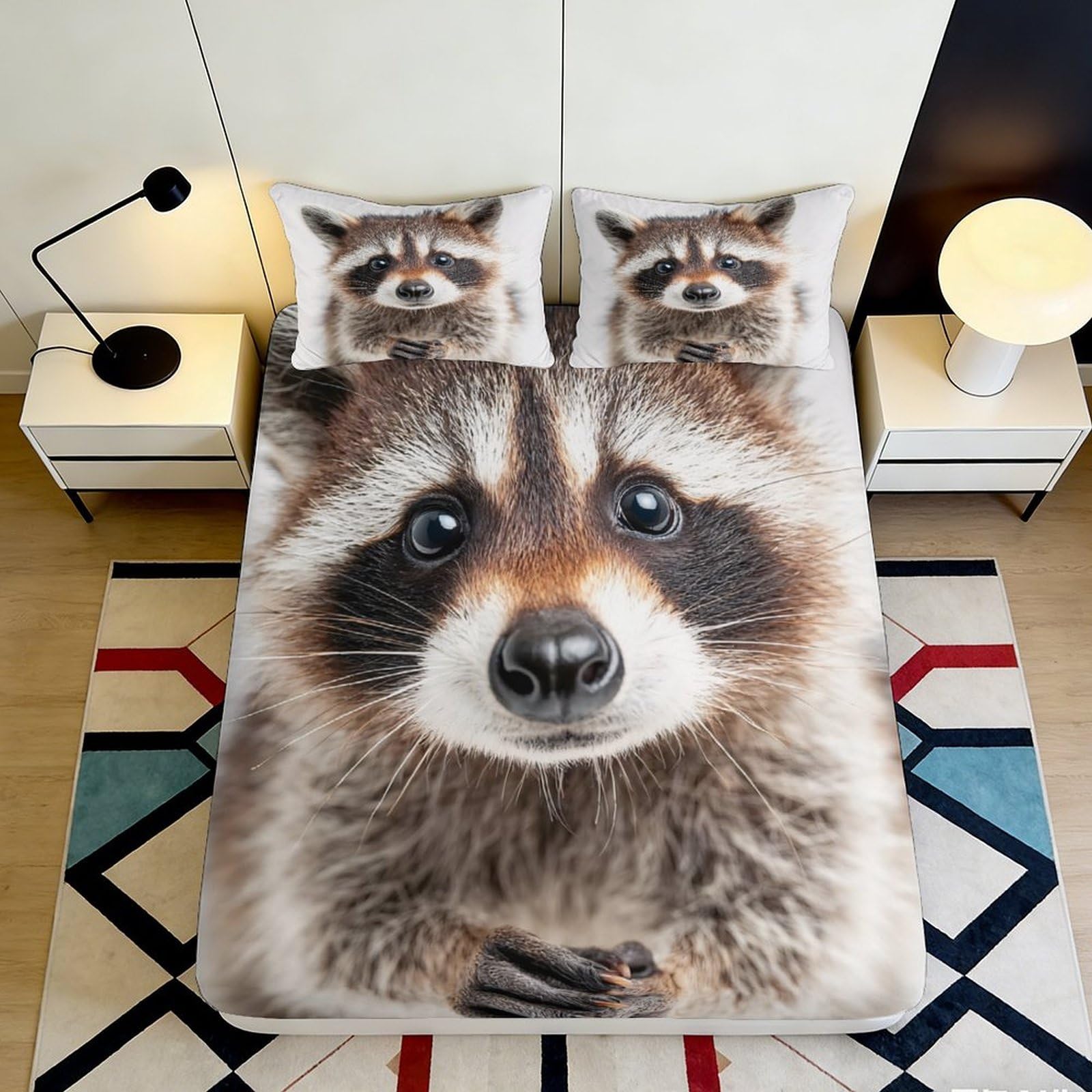 Uynsixtme Style-2 3D Printed Raccoon Design Fitted Sheet Microfiber Elastic Hem Deep Pocket Non-Slip Bedroom Mattress Fitted Cover Washable 140X200x25cm