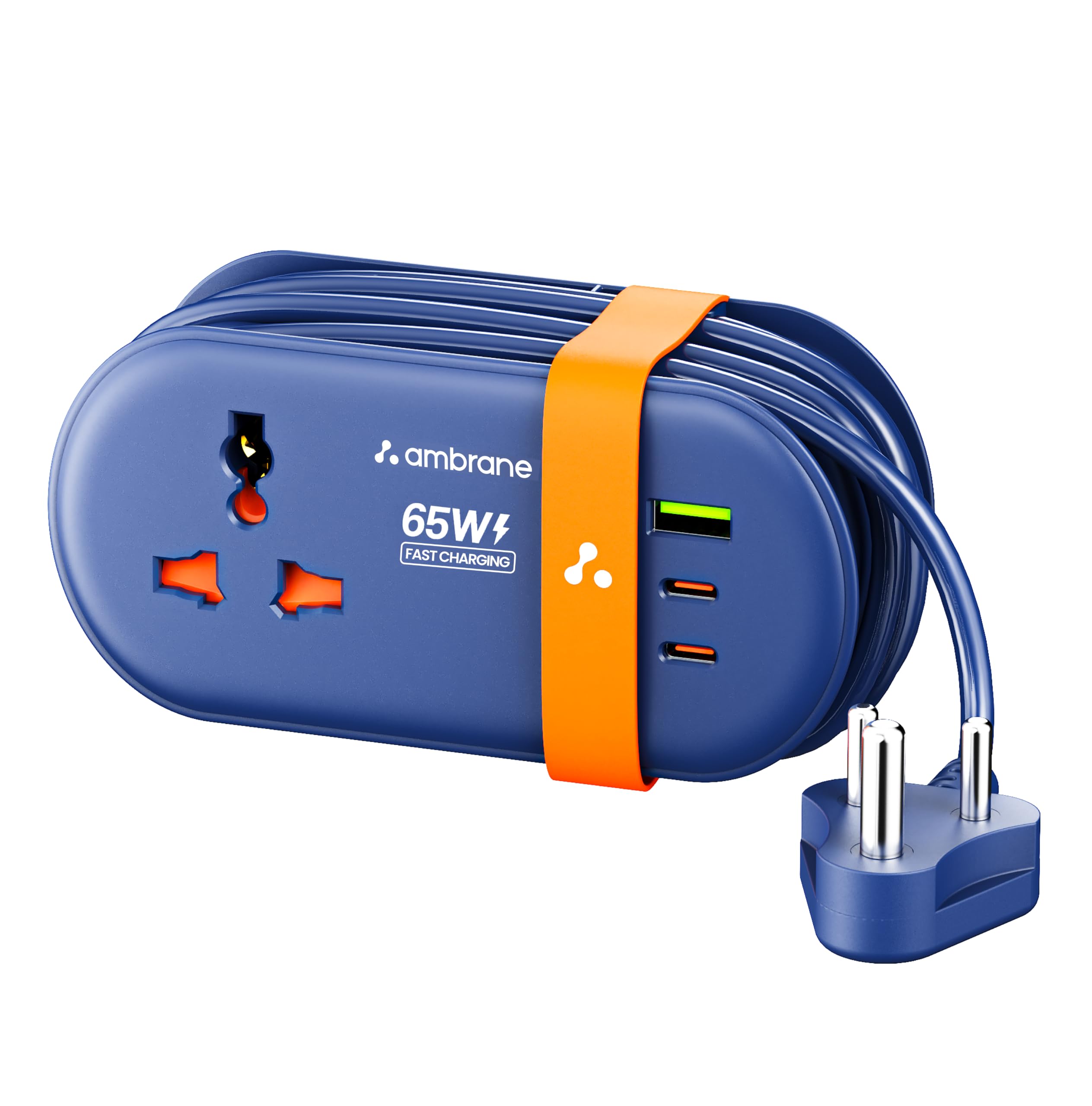 Ambrane Foldable 65W MacBook/Laptop Charging Extension Board, Portable Design Perfect for Travels, Kitchen, Offices, 2 Type C, 1 USB, 2500W AC Socket, Long 1.5m Cable Power Strip (Smartstrip 4, Blue)-image-8