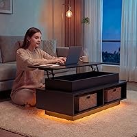 Vista 3 de YESHOMY Mesa de Centro Elevable de 40" con Almacenamiento Oculto y Luces LED Multicolor, Mesa Cuadrada Moderna de Madera con 4 Estantes Abiertos