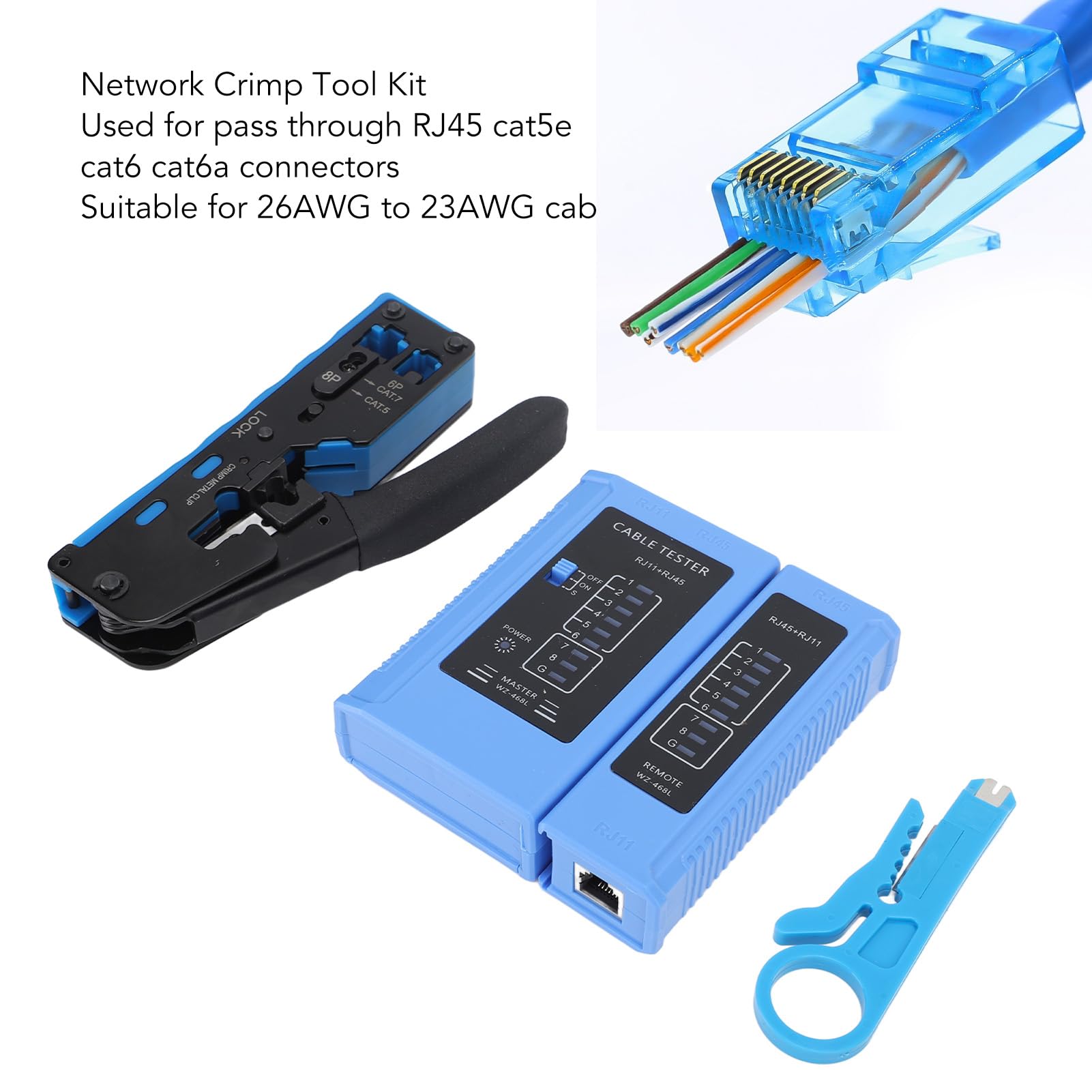 Kit d'outils de sertissage RJ45 et testeur de câble réseau compatible avec les connecteurs Cat5e Cat6 et Cat6a – Outil multifonction pour couper, dénuder et sertir les câbles