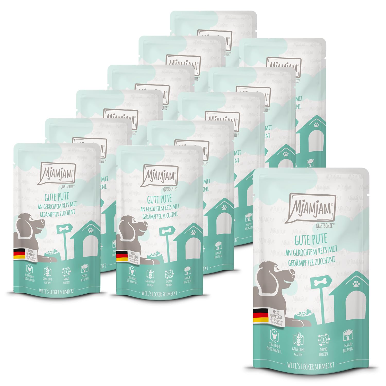 MjAMjAM - Premium wet food for dogs - Quetschie - good turkey hen with boiled rice and steamed courgette, pack of 12 (12 x 125g), gluten-free with extra meat