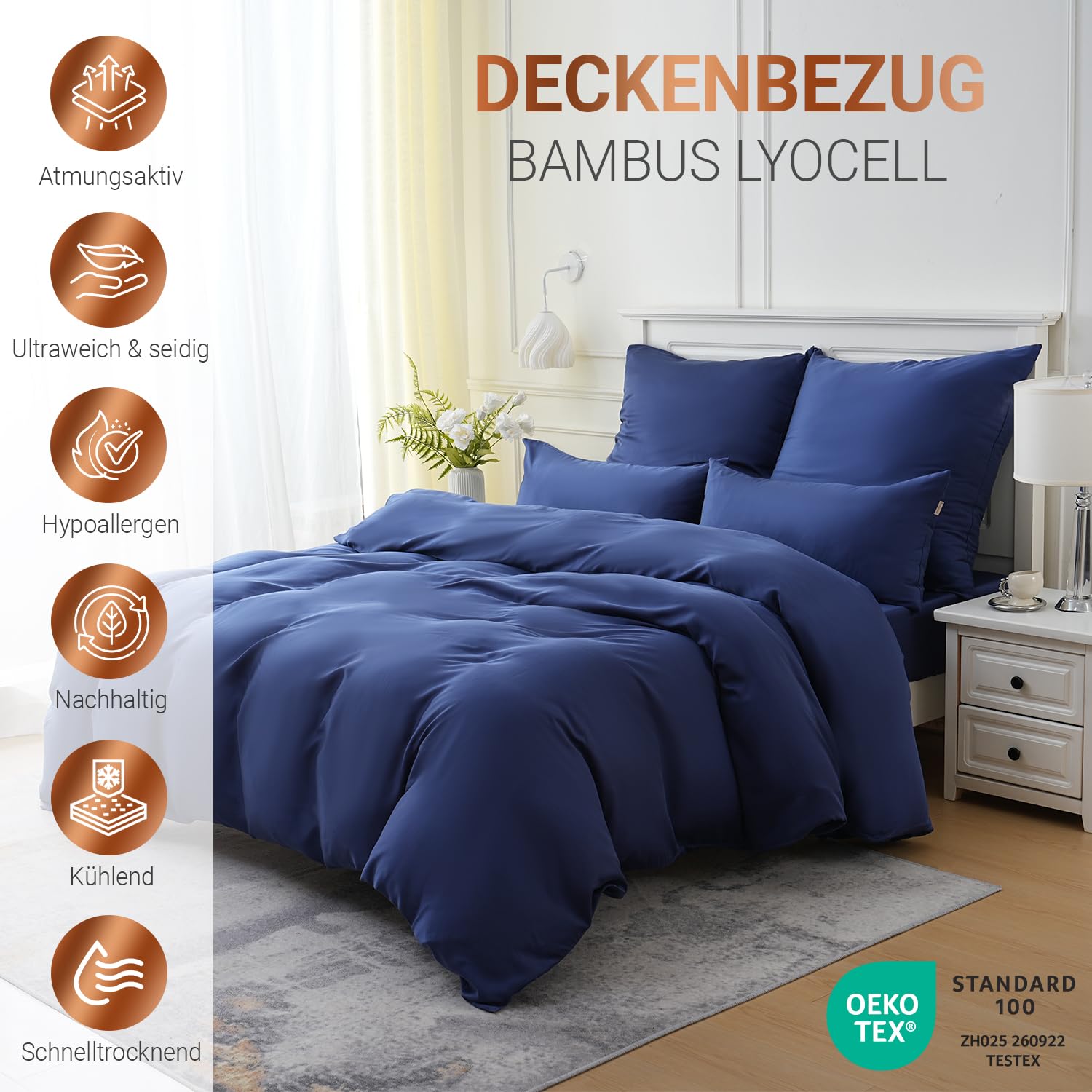 Bambus Lyocell Bettbezug 200 x 200 cm Marineblau - Weiche Allergiker Bettwäsche - Kühlender Deckenbezug aus Bambus - Nachhaltige und atmungsaktive Luxus-Bettwäsche