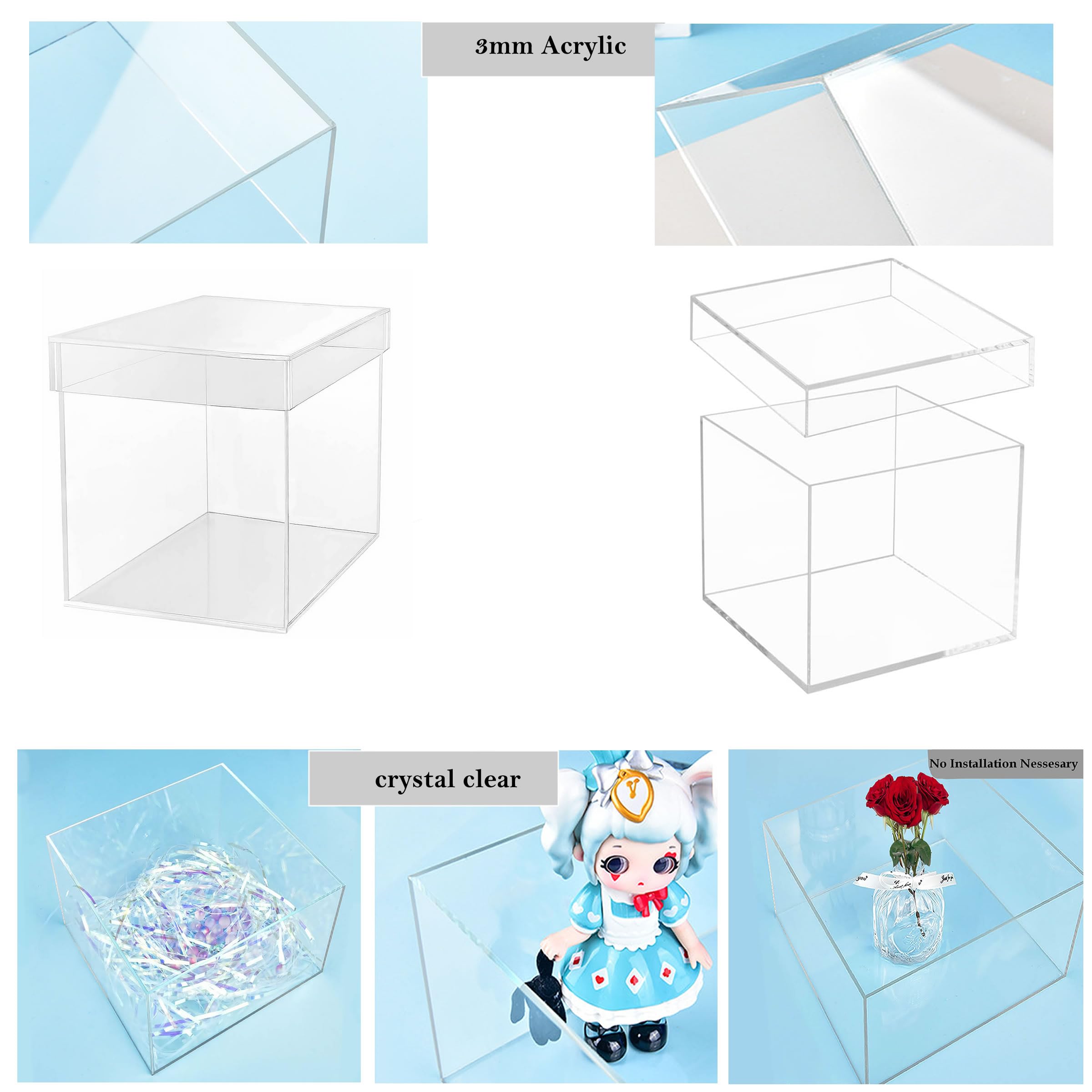 TUKA-i-AKUT 20x20x20 cm Vitrine Acrylique de Présentoir Forme de Cube, 5 faces avec Couvercle, Transparent Boîte Cadeau, Boîte Rangement Collections Musées Bijoux Jouets Décorations Cadeaux, TKD8254