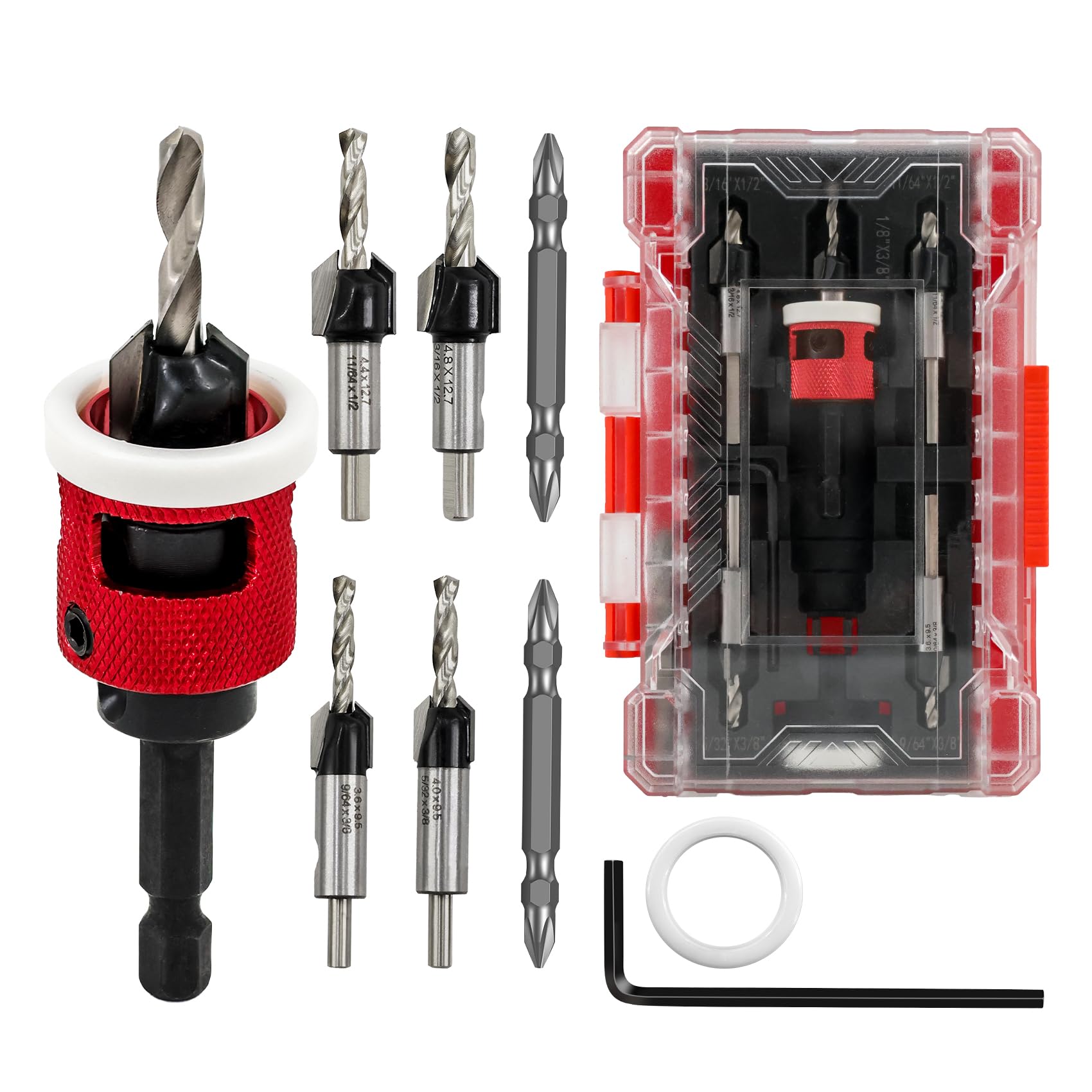 Juego de 5 Brocas Avellanadoras con Tope de Profundidad Baja Fricción - FOCSTOL 3,2/3,6/4/4,4/4,8mm Broca Avellanadora con Punta Carburo de 82 Grados para Madera, Plástico