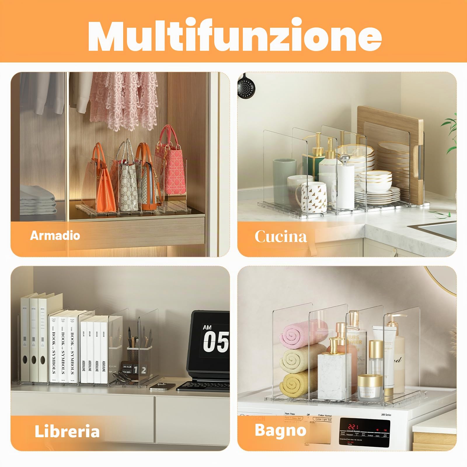 8 Pezzi Divisori Per Armadio Porta Borse Organizer Rimovibile E Regolabile Trasparente Mensole Interno Borse, Vestiti, Scarpe, Con Base