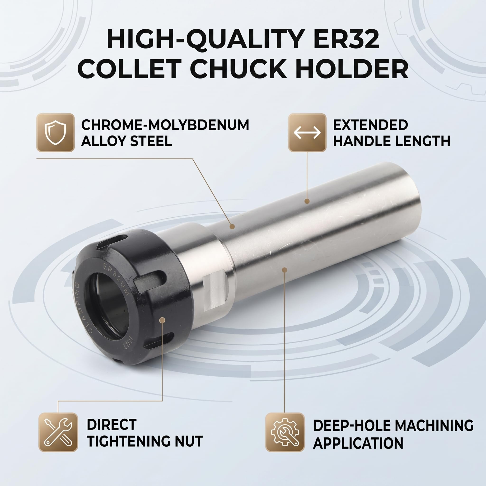 SIXRUN C32 ER32 Porta Pinzas, Acero Aleado, Recto con Extendido para Procesamiento de Agujeros Profundos, Fresado CNC, Diámetro de Sujeción 32mm