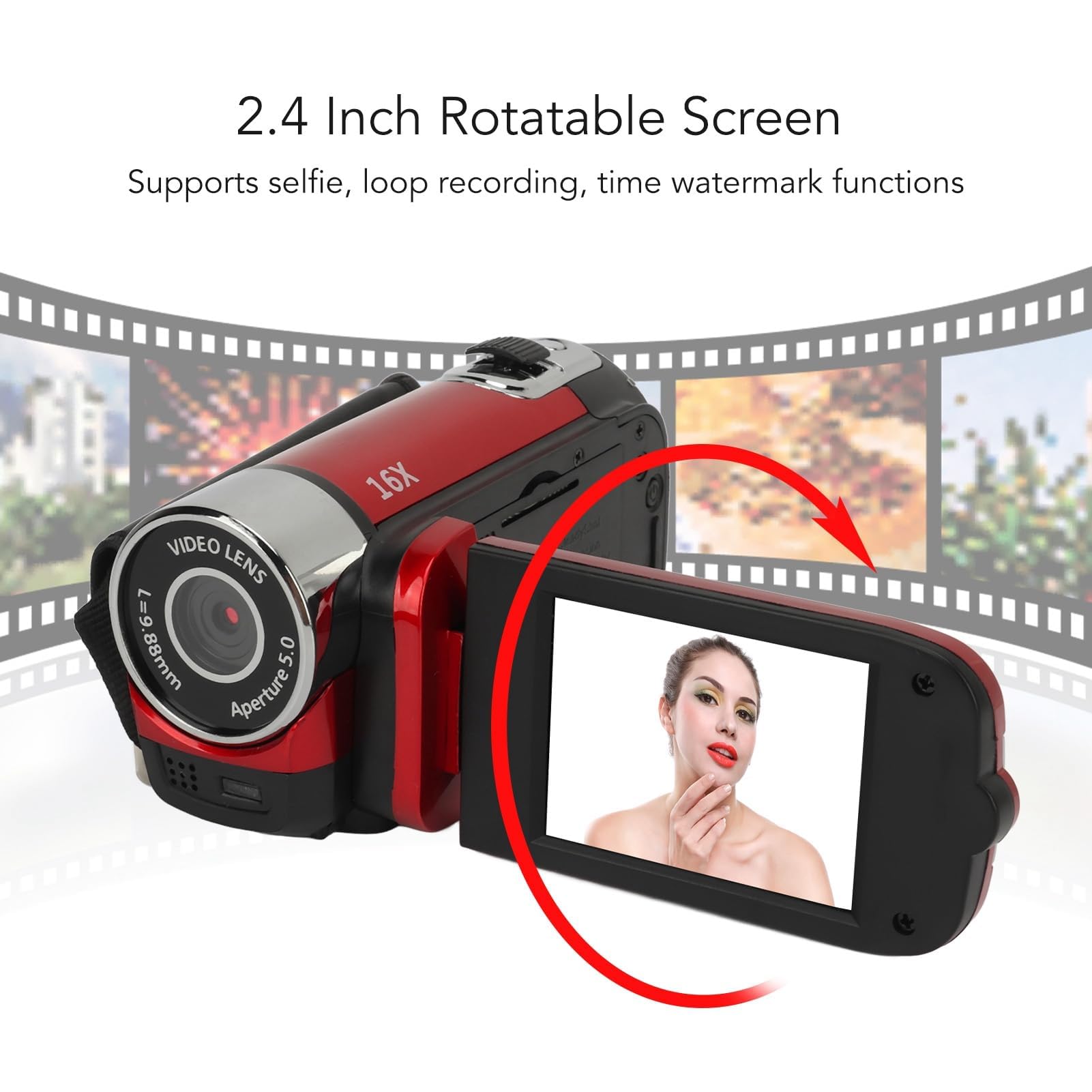 Appareil Photo Numérique HD 1080P, Caméscope Vidéo Vlogging Zoom 16X avec écran Rotatif de 2,4 Pouces pour la Photographie, Appareil Photo Selfie Portable 16MP avec Lumière de