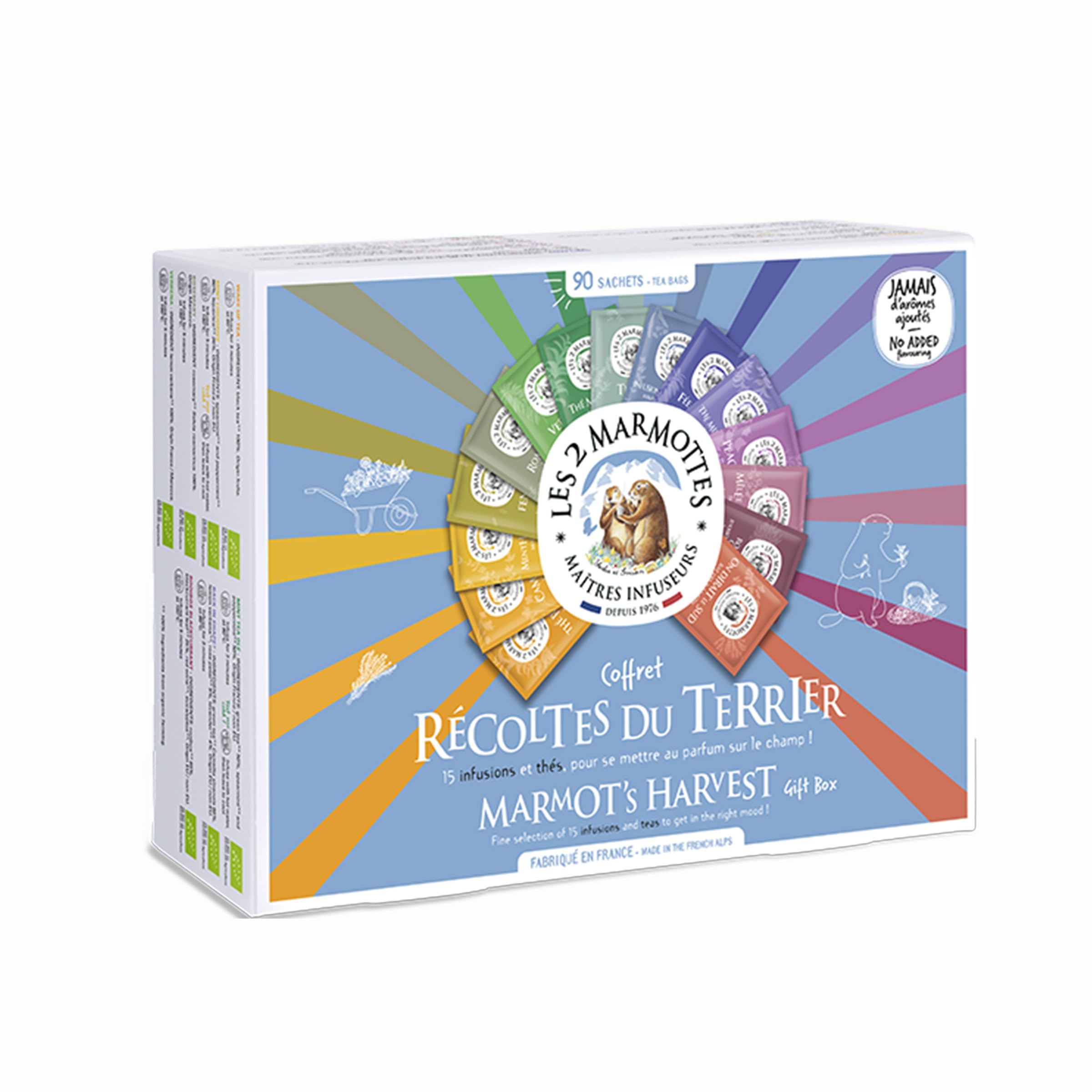 Les 2 Marmottes - Grand Coffret Récoltes du Terrier 90 Sachets - 12 Infusions 3 Thés - Idéal En Cadeau - Bien-Être Et Relaxation - Made In France - Sans arômes ajoutés - 134g