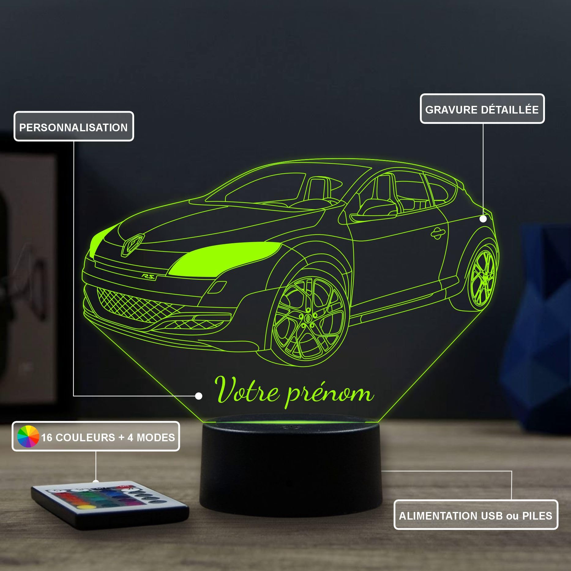 Lampe LED 3D Renault Mégane 3 RS Personnalisée Prénom – Veilleuse 16 Couleurs Télécommande