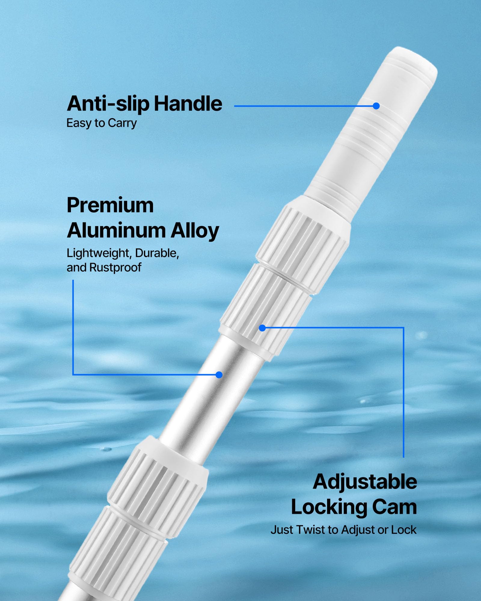 VEVOR Perche de Piscine télescopique de 1 à 4,6 m, Poteau de Piscine Professionnel réglable avec 2 rallonges, bâton de Nettoyage en Alliage d'aluminium, pour épuisette, Brosse, tête d'aspirateur