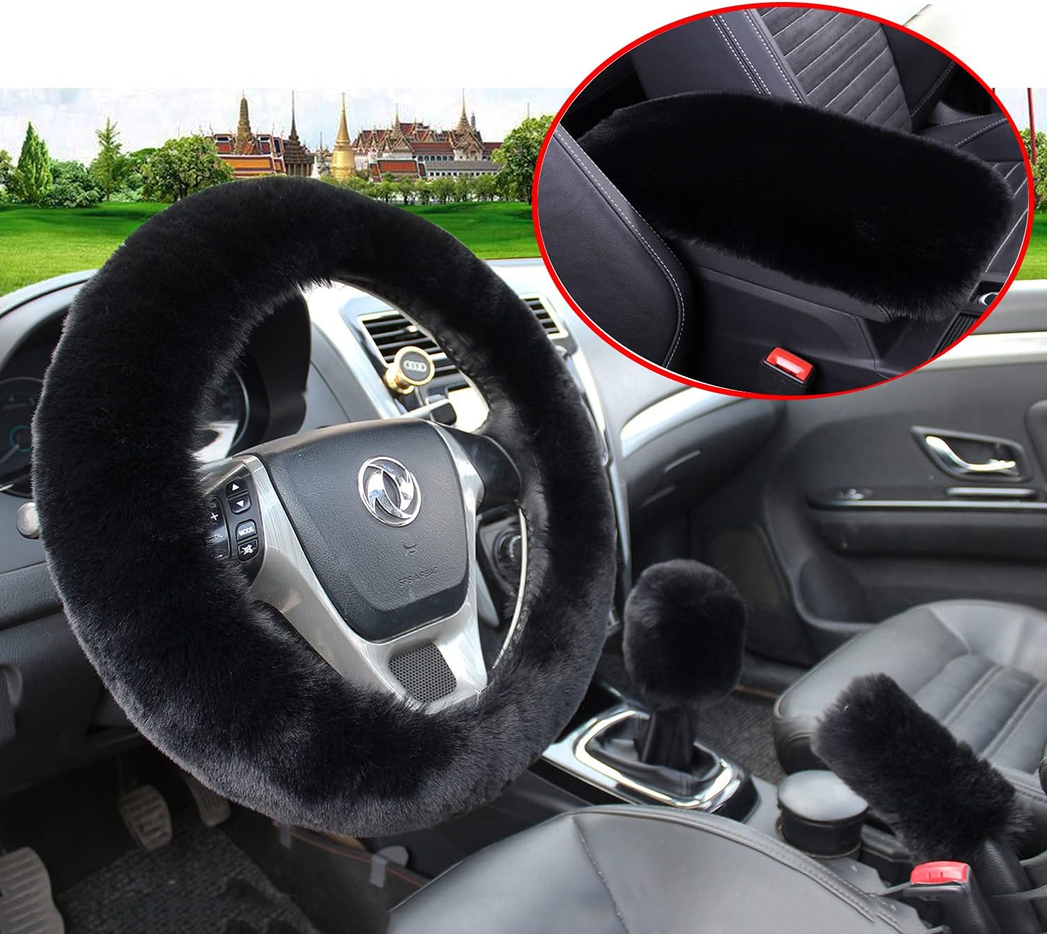 Pinbola 4pcs/Set Faux Wool Steering Wheel Cover Soft Fluffy Handbrake Cover & Gear Shift Cover Winter Warm Universal Fit for 15 Inch (Black)