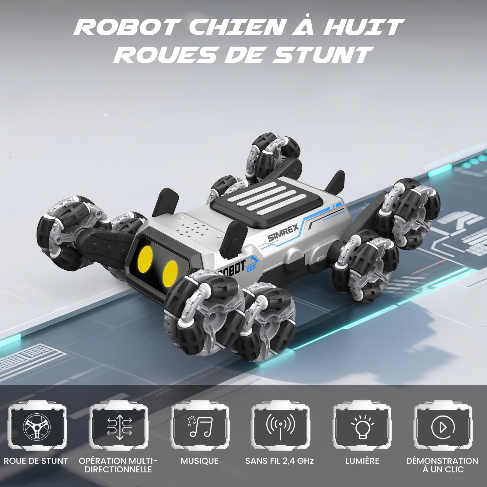SIMREX Chien Robot télécommandé 6+ Ans, Voiture RC cascadeuse à Yeux LED et Commande gestuelle. Cadeau Anniversaire Filles/garçons. Robot interactif à Roues Mecanum et 3 Sons, argenté