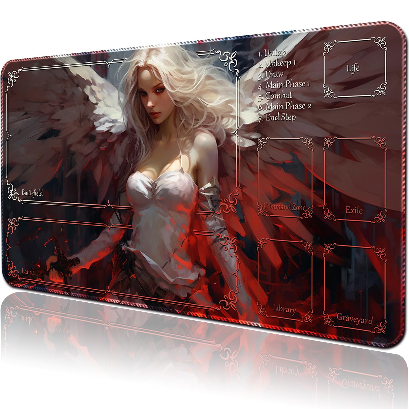 April Space Stitched TCG Playmat, 24x14 Inches with Divided Card Areas, Non-Slip Tabletop Playmat Comes with Storage Bag, Ideal for Amateur Game Enthusiasts (Shining Angel-with Zone)